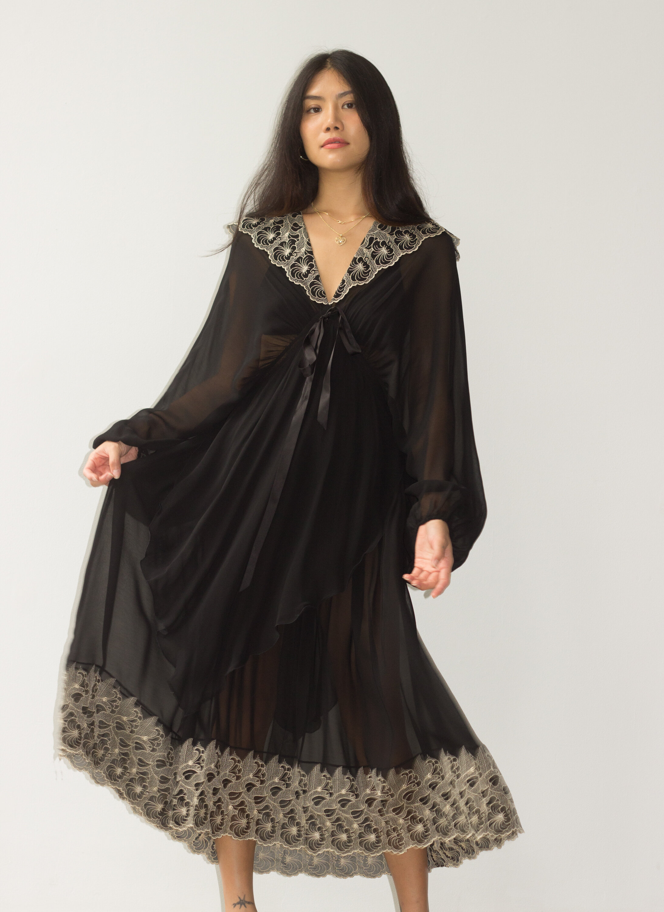1970s Yves St. Tropez Balloon Sleeve Chiffon Embroidered Dress Wayward Collection 1970s Yves St. Tropez Balloon Sleeve Chiffon Embroidered Dress Wayward Collection