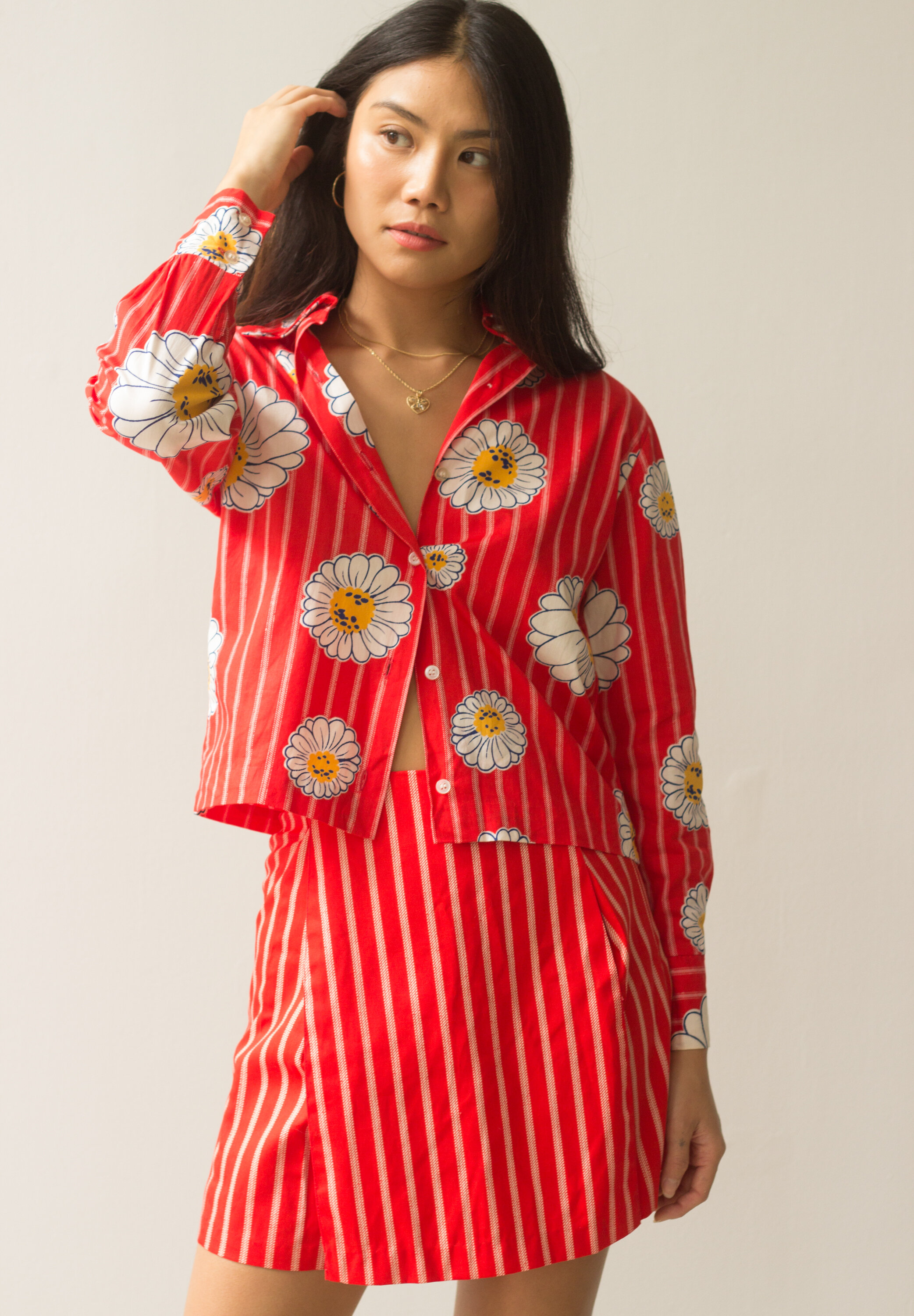 1970s Red Daisy Pinstripe Japanese Cotton Set