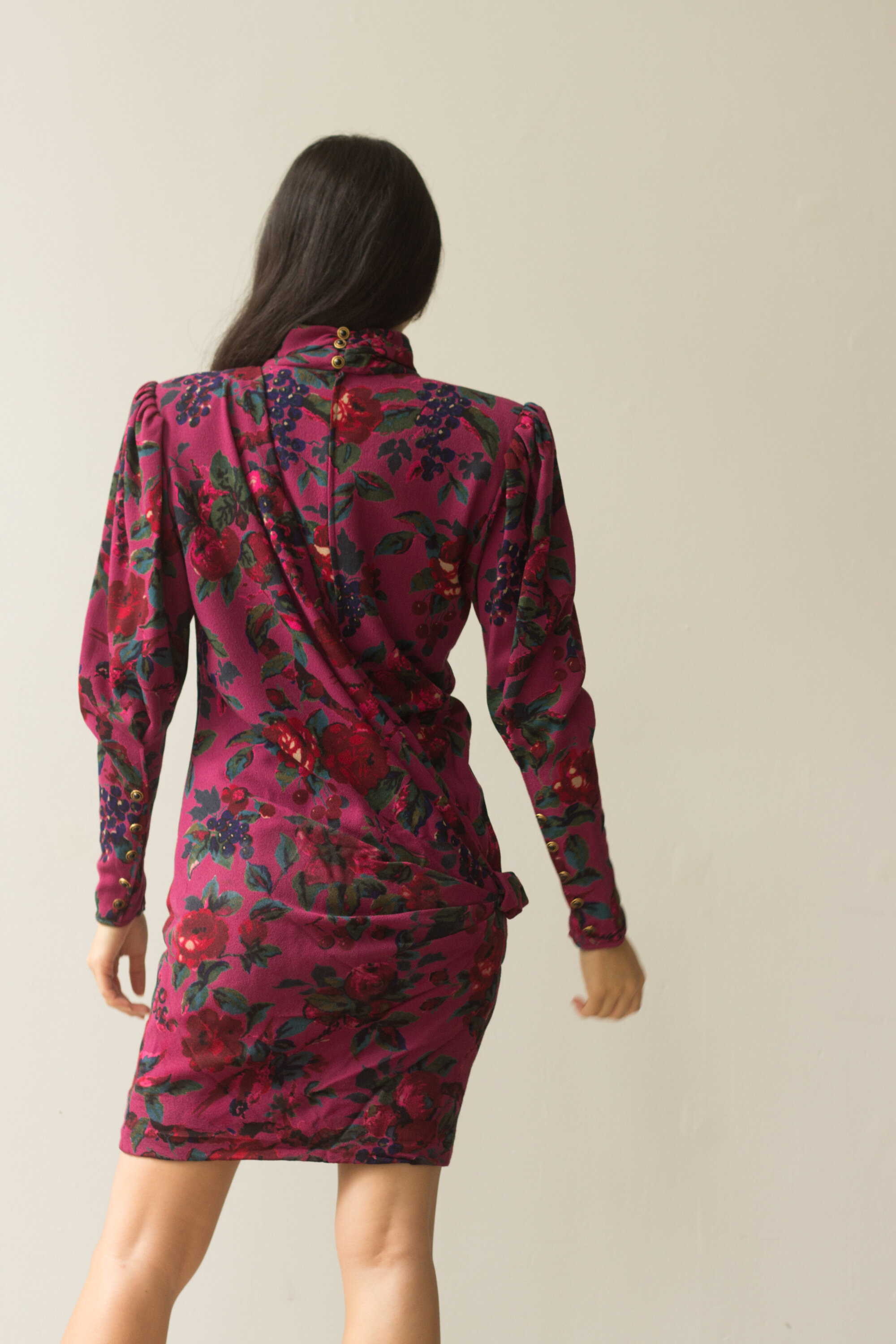 1980s Ungaro Parallel Paris Cherries and Roses Wool Crepe Dress