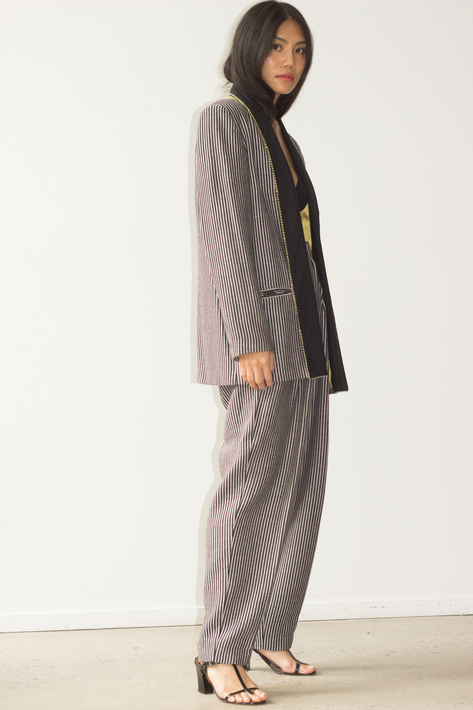 1990s Vivienne Tam Striped Wool Shawl Collar Suit
