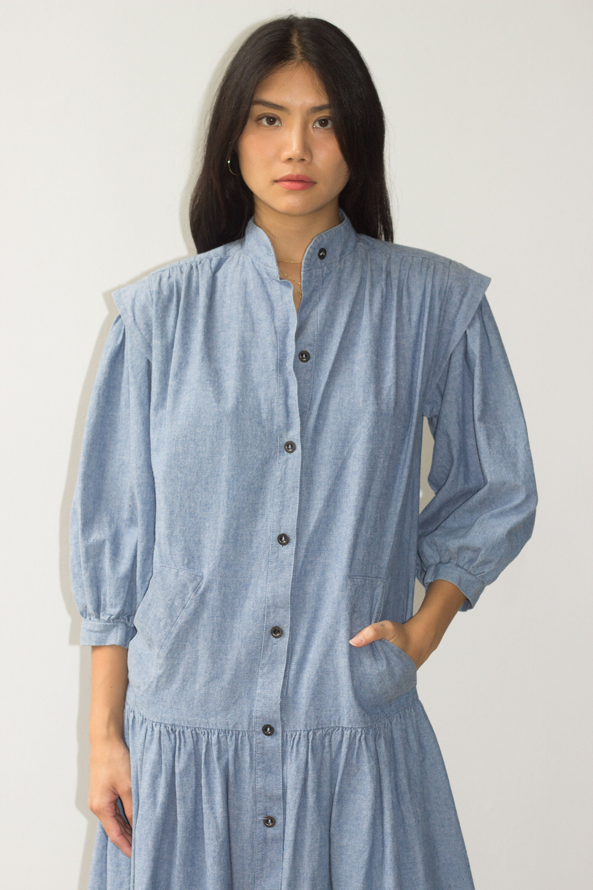 1980s Chambray Drop Waist Easy Dress