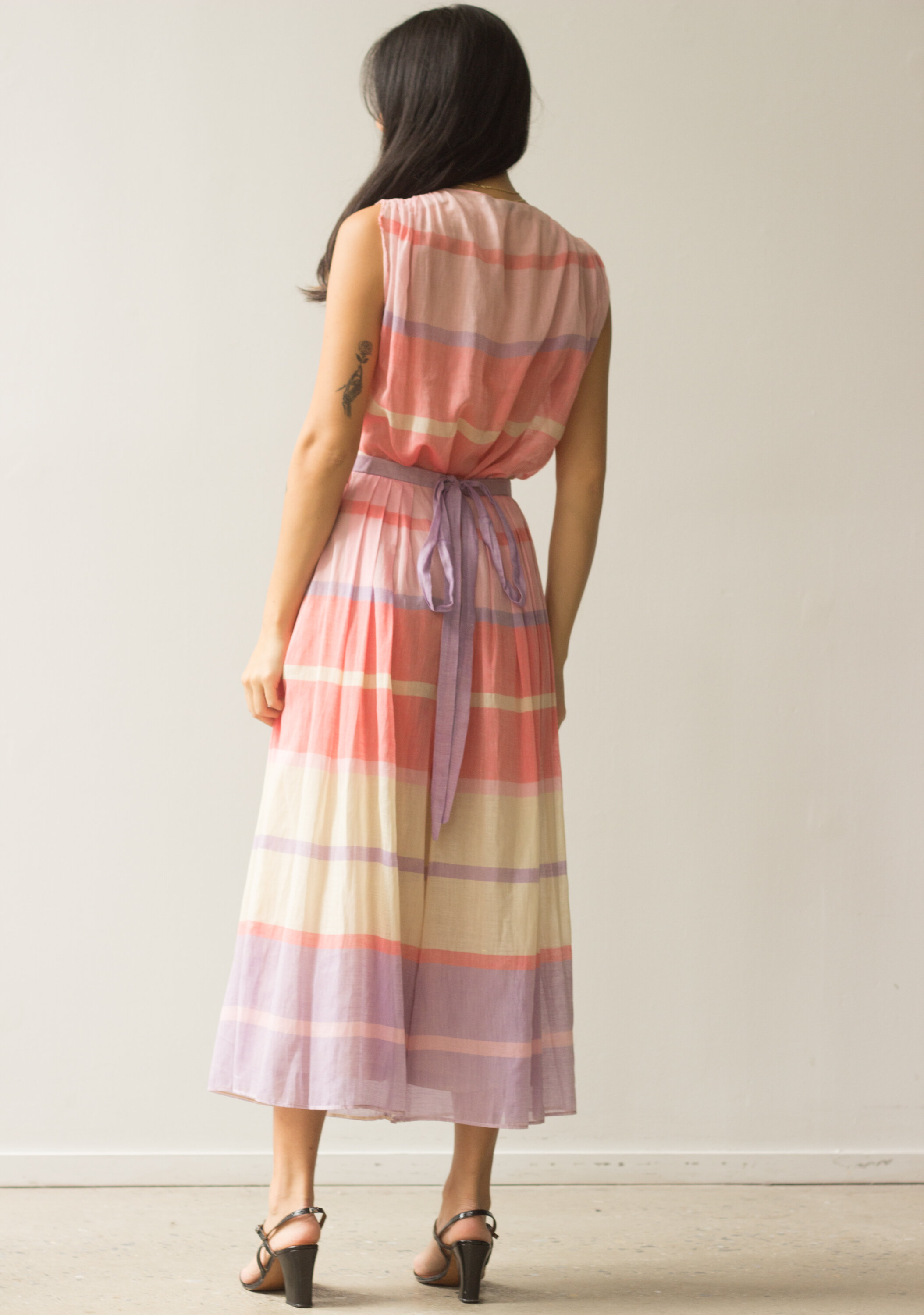 1980s French Cotton Gauze Watercolor Striped Set