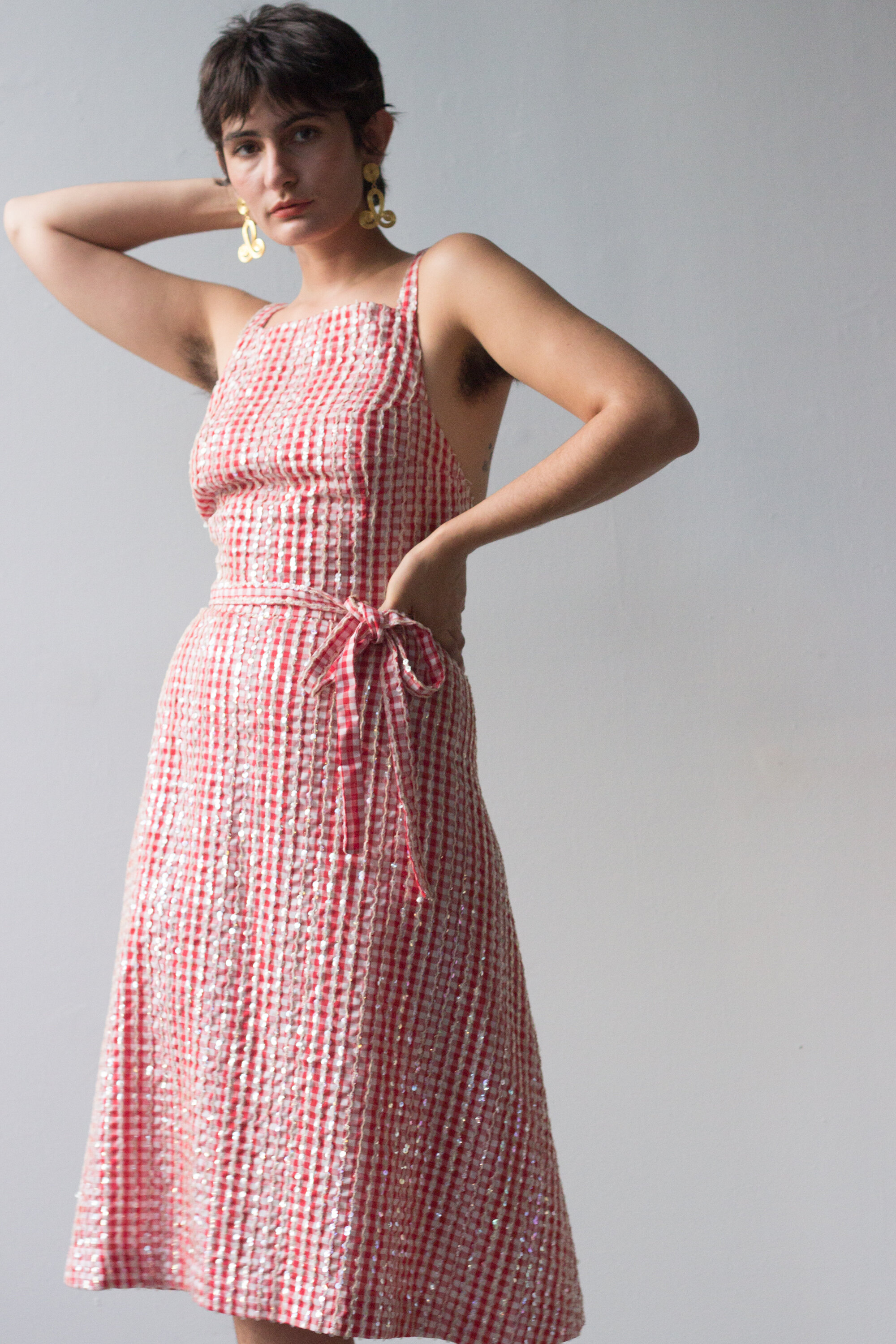 1970s Gingham Sequined Sun Dress