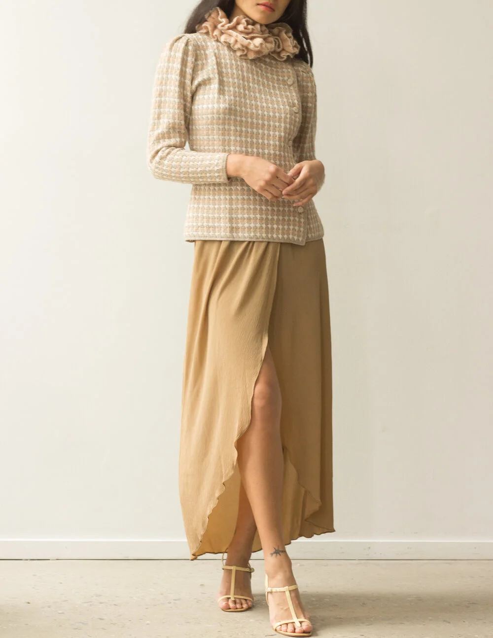 1970s Sand-Taupe Silk Georgette Wrap Skirt 