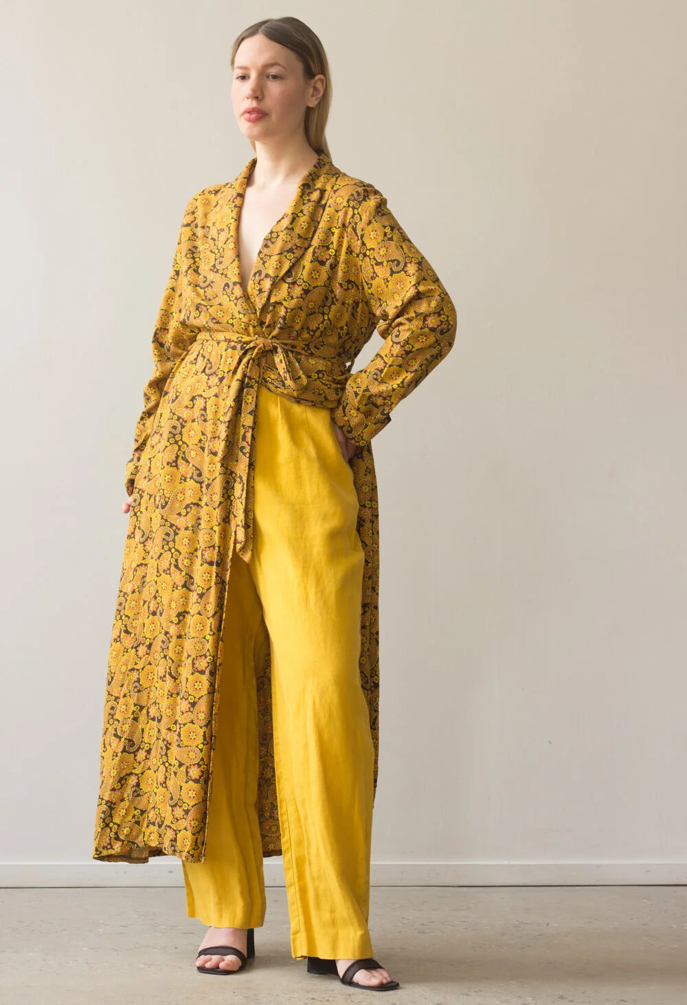 1960s English Sunshine Yellow Floral Rayon Duster
