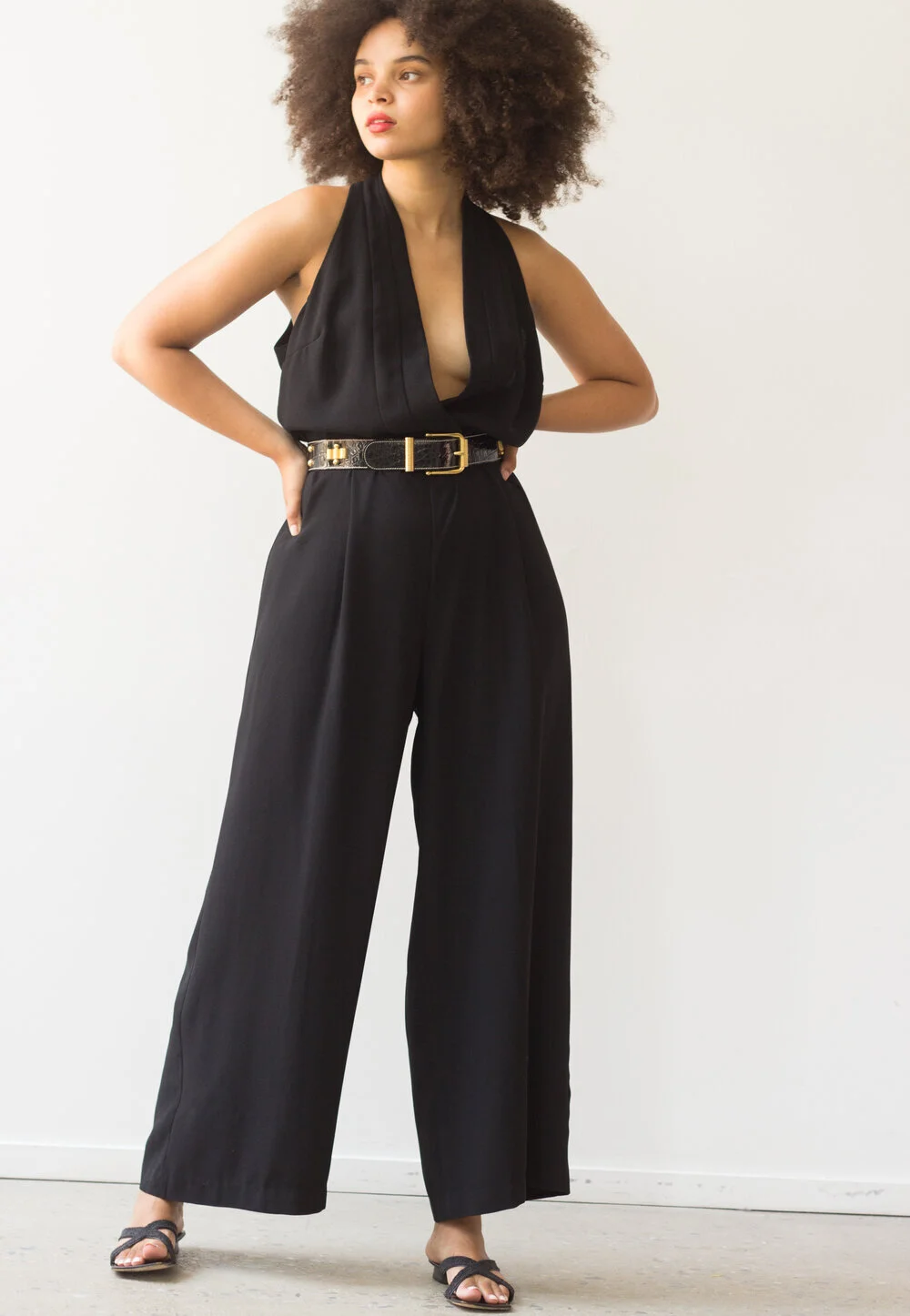 1990s Black Crepe Halter Jumpsuit