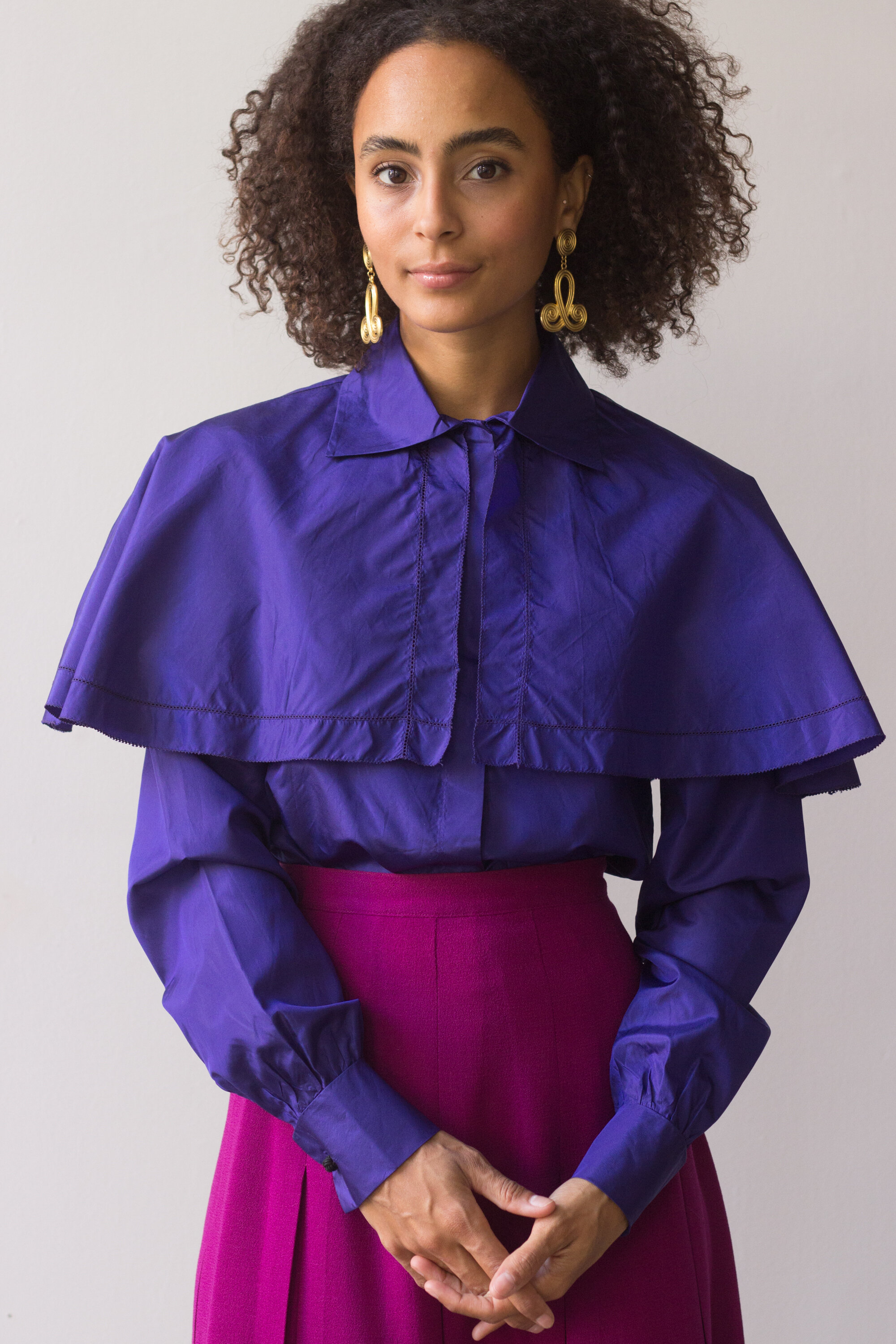 1970s Calvin Klein Indigo Silk Capelet Blouse