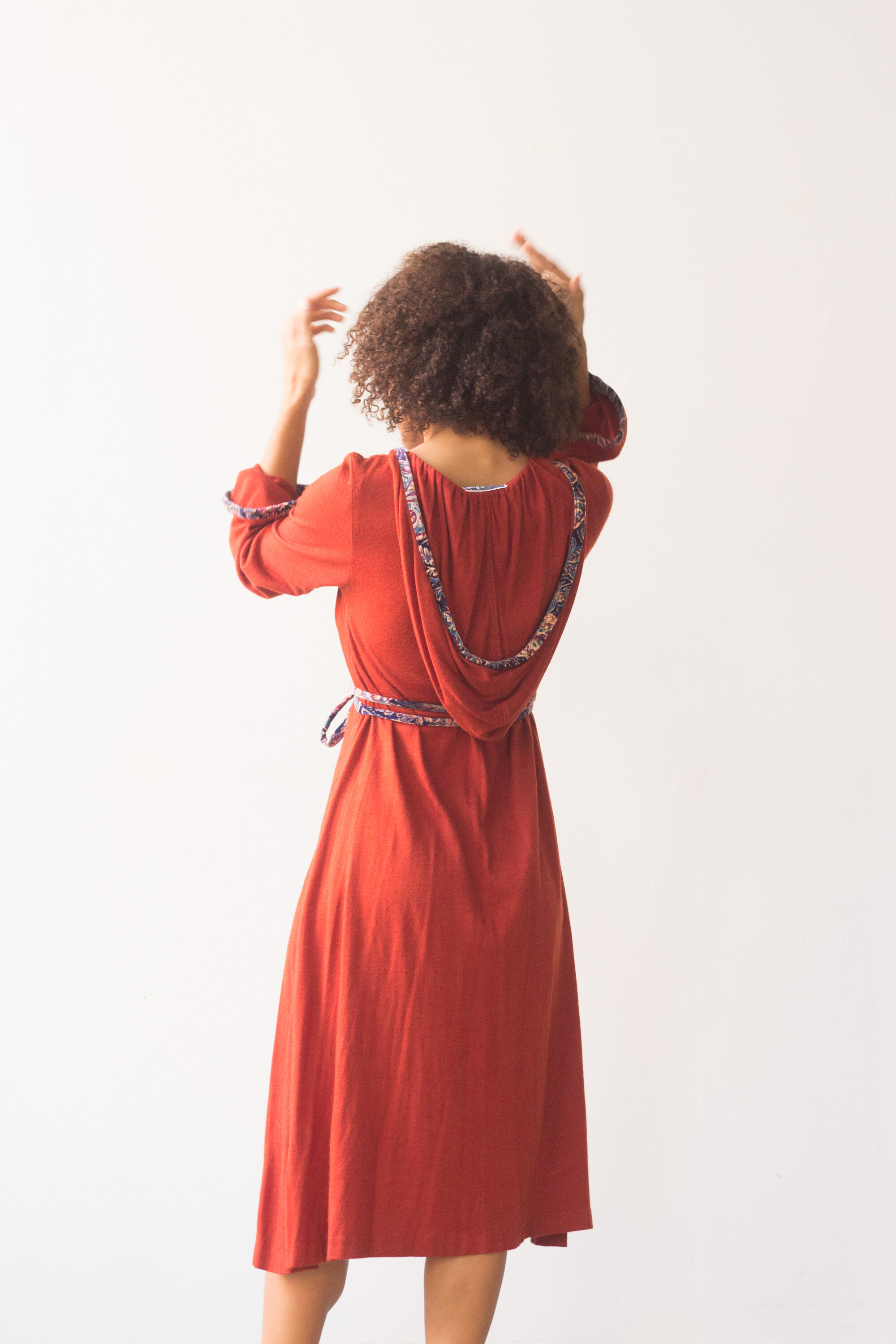 1970s Fall Jersey Hooded Dress with Velvet Trim