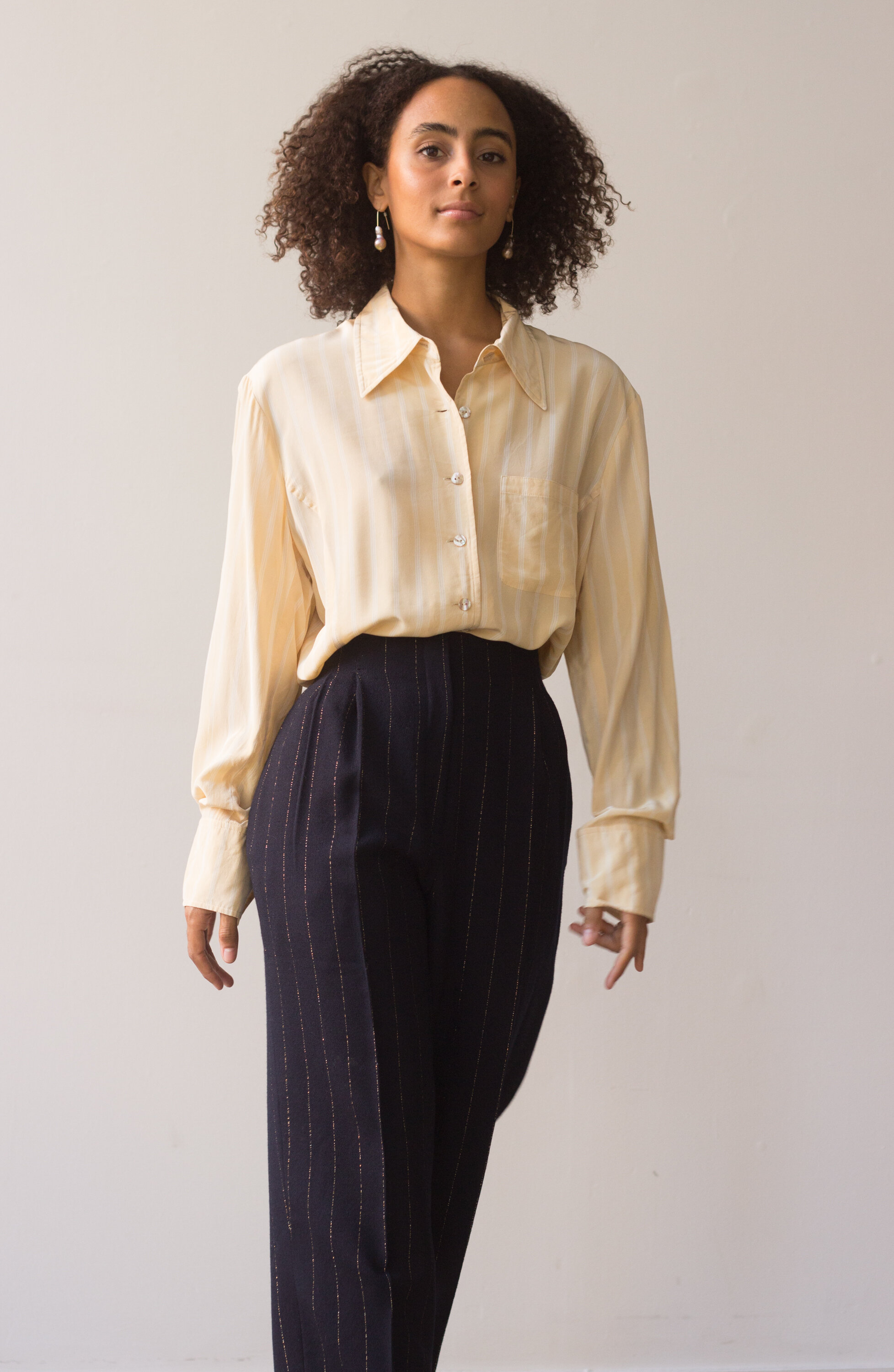 1980s Buttercup Pinstriped Silk Blouse