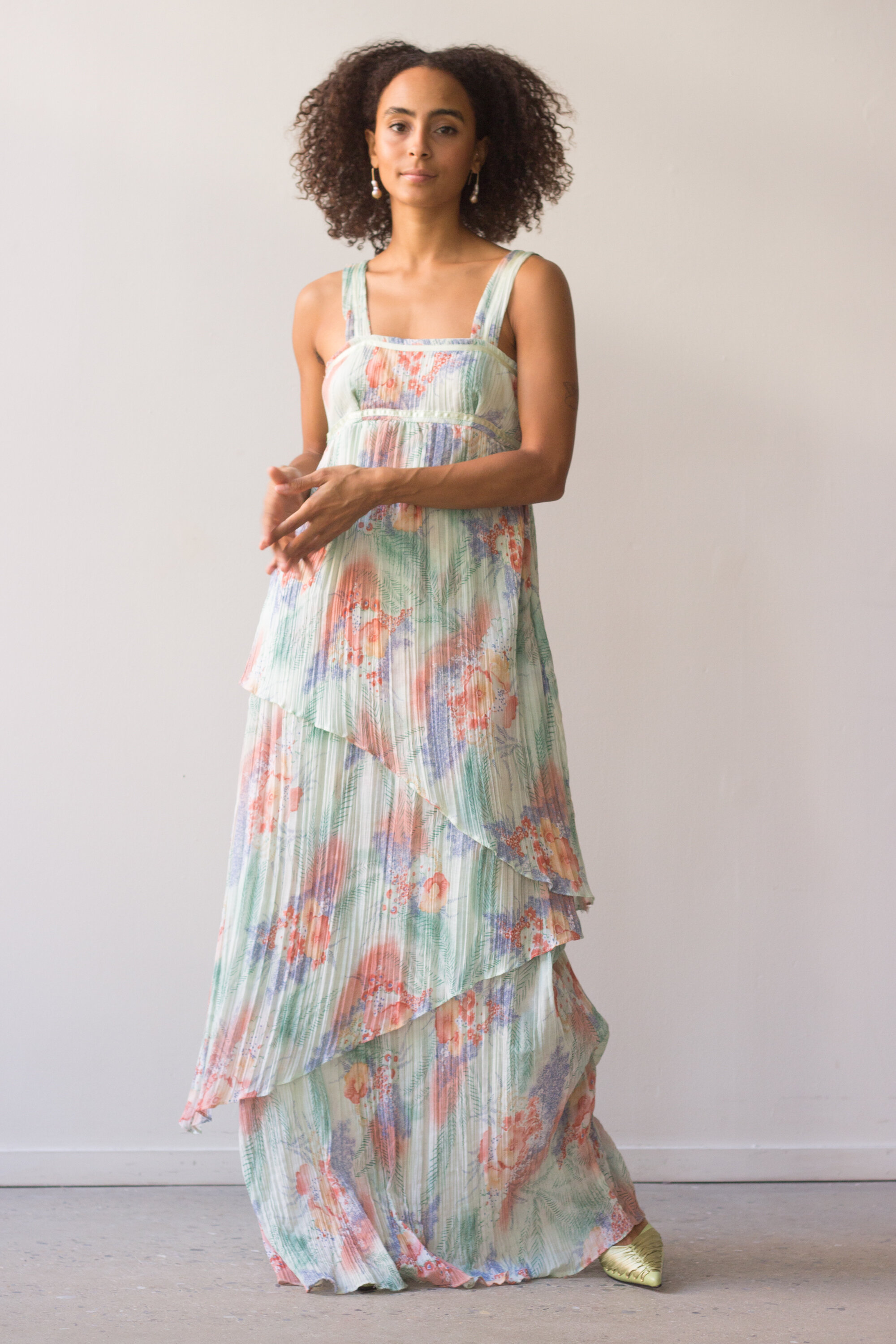 1970s Layered Fortuny Pleat Maxi Dress