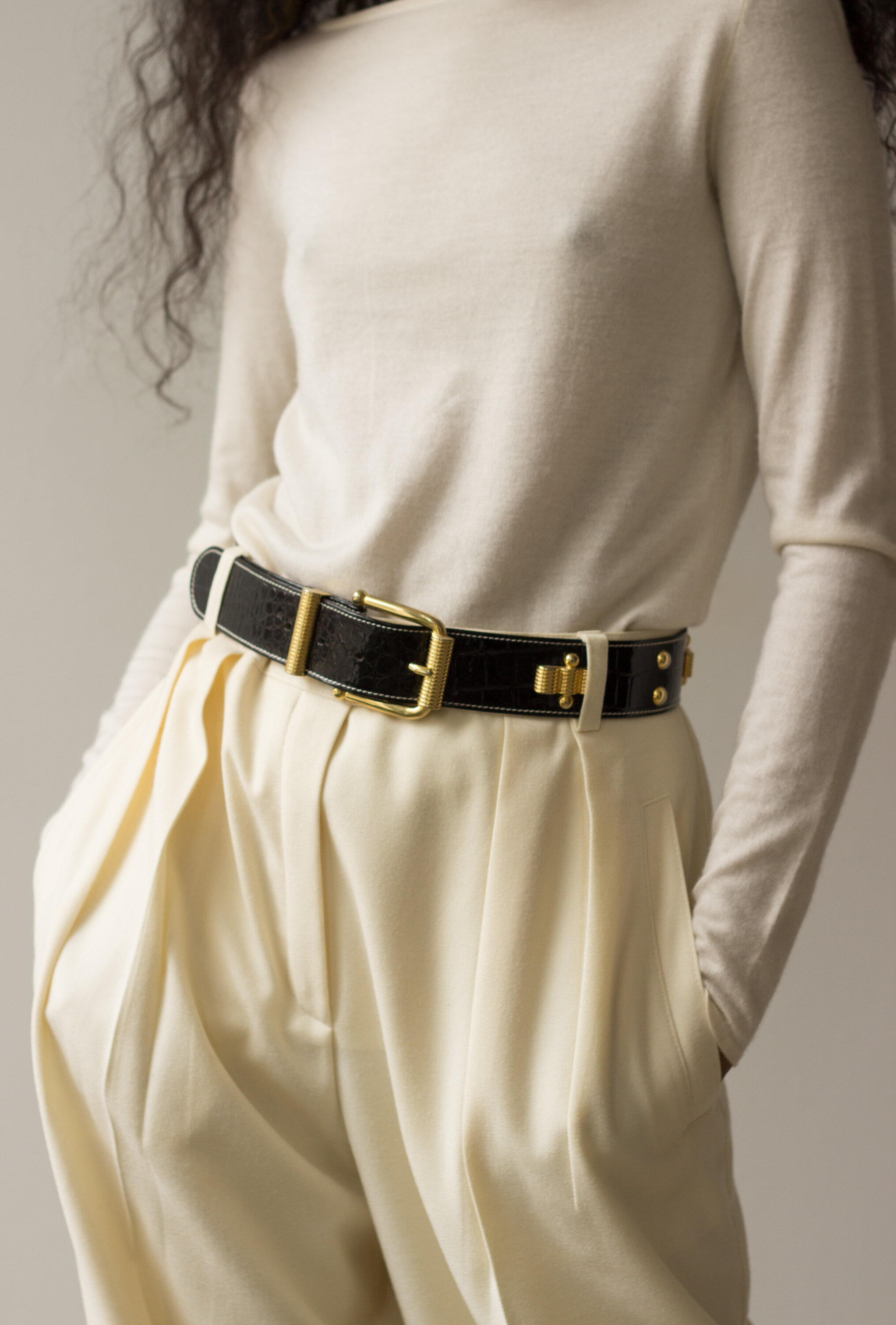telegram Salie manager 1980s ESCADA Black Leather and Gold Studded Belt — Wayward Collection