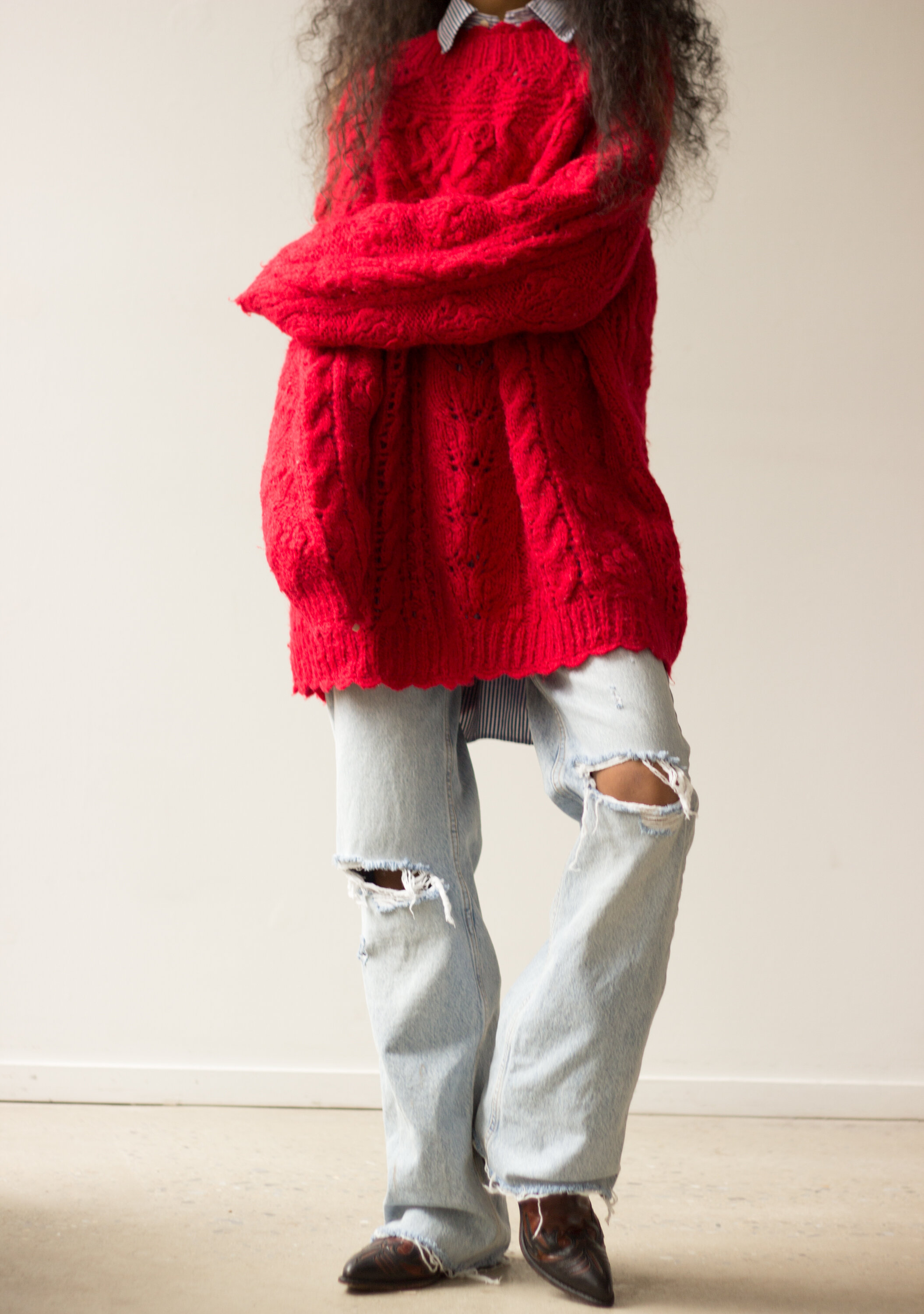 1980s Red Hand Knit Oversize Sweater