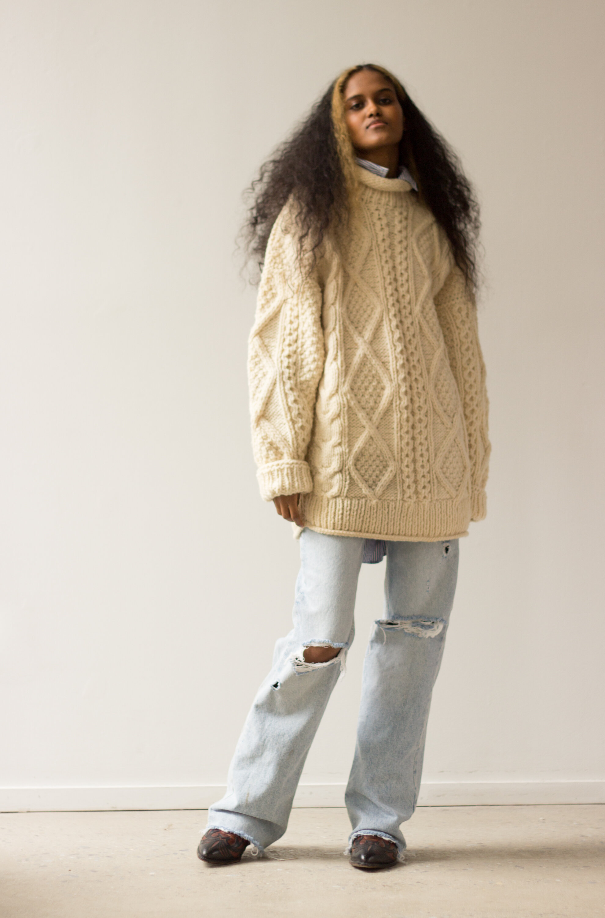 1980s Hand Knit Oversize Roll Neck Fisherman Sweater
