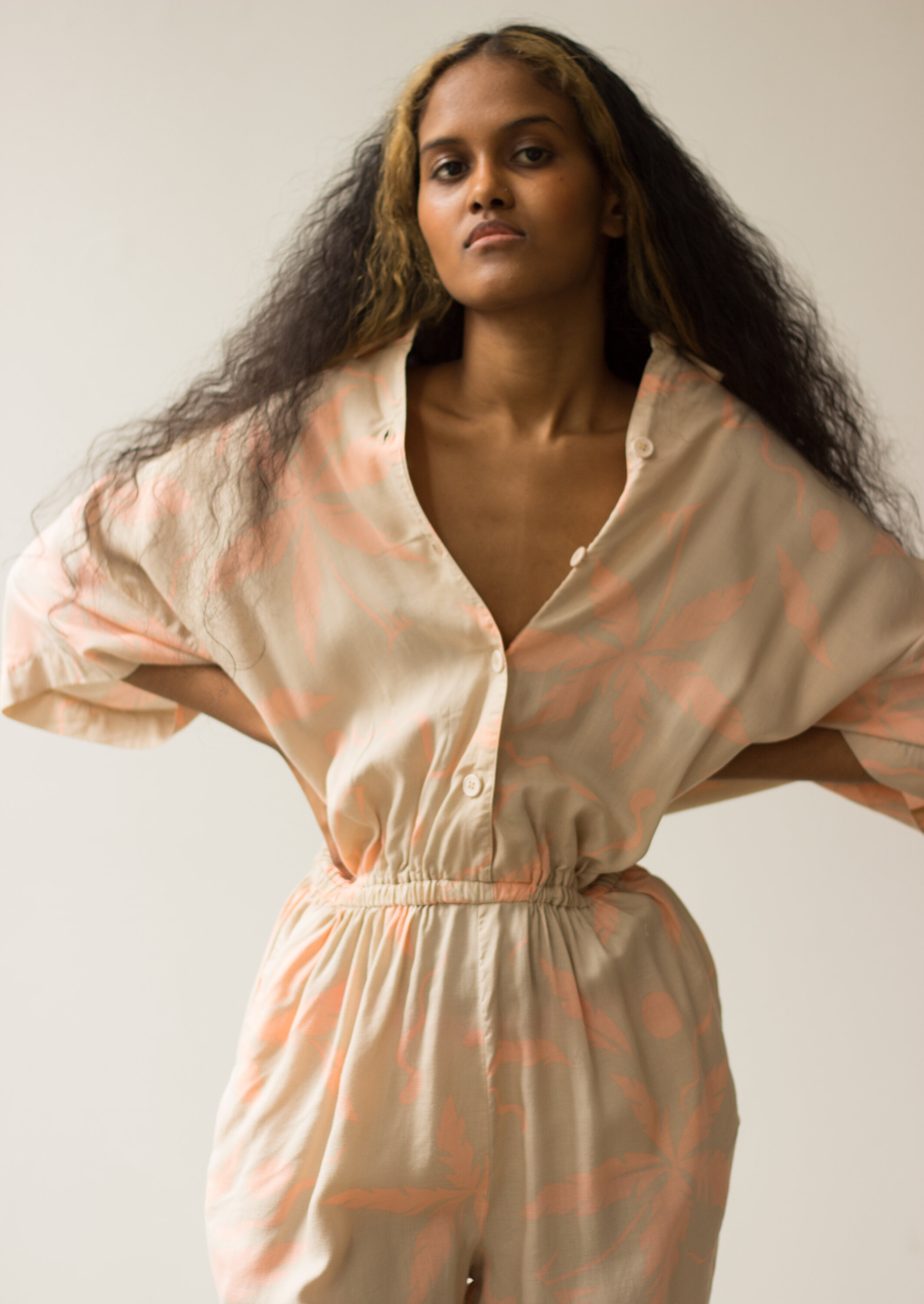 1980s Khaki and Peach Palm Tree Jumpsuit