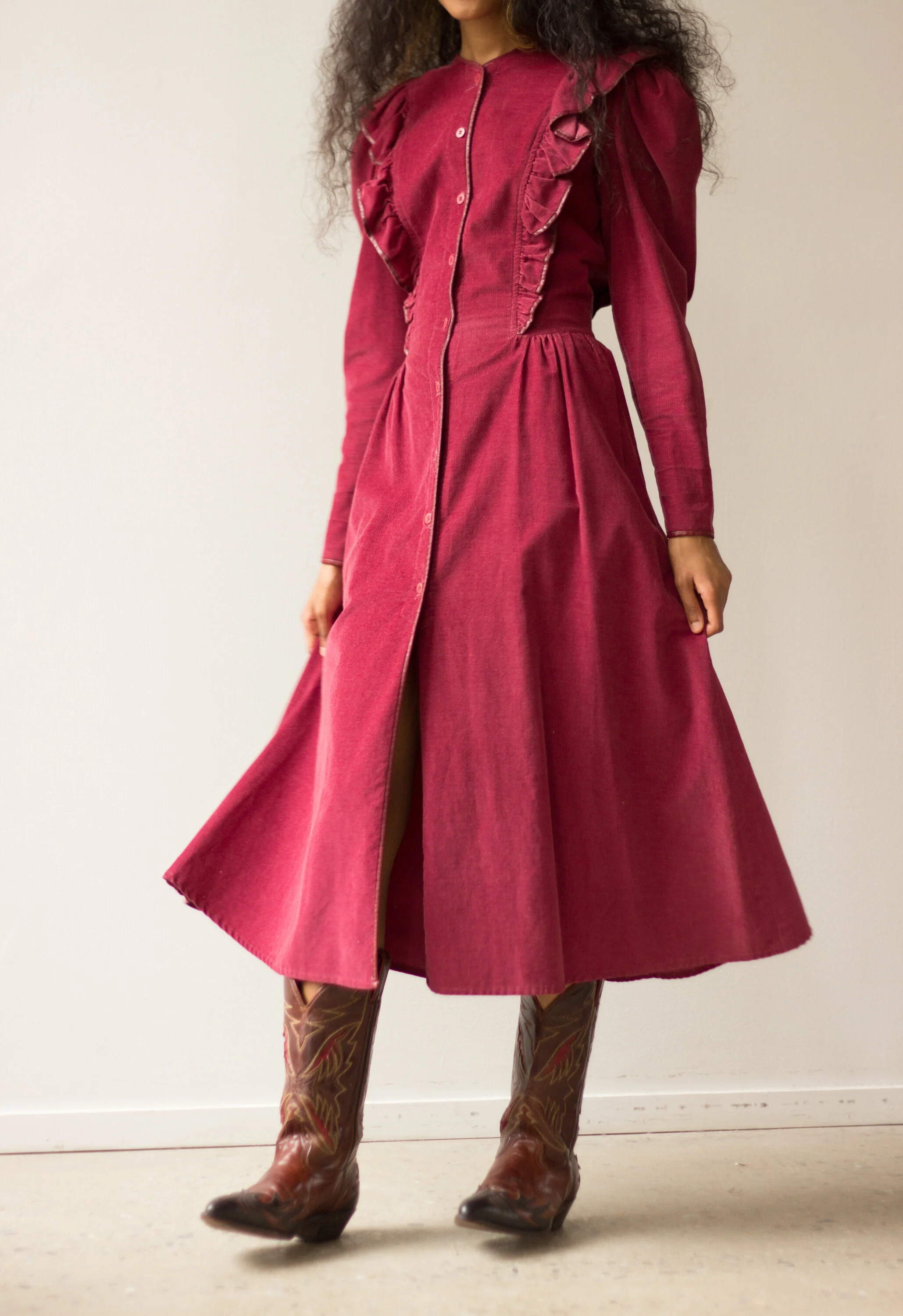 1970s Leon Max Red Corduroy Ruffle Dress