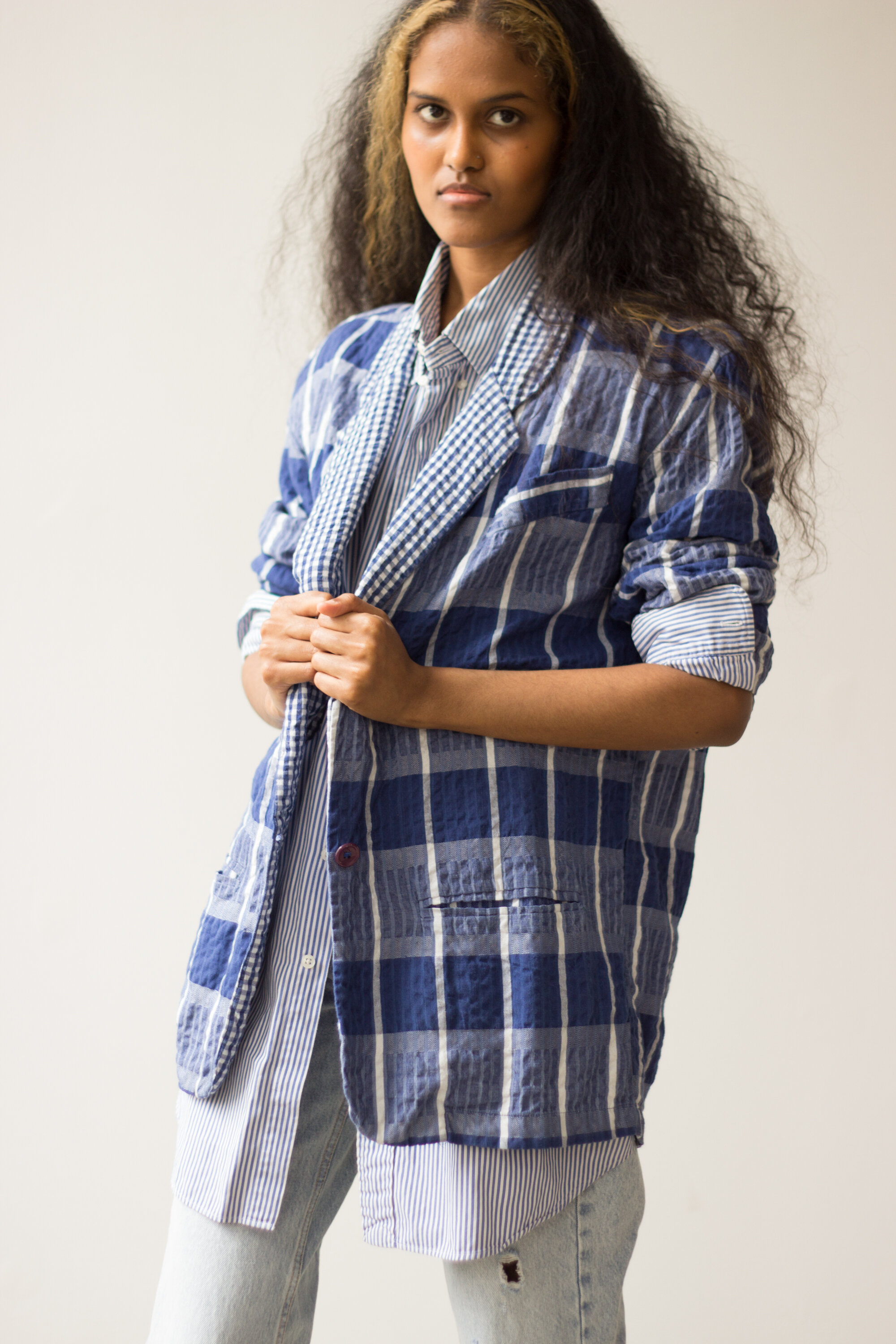 1980s India Cotton Blue Madras Seersucker Blazer