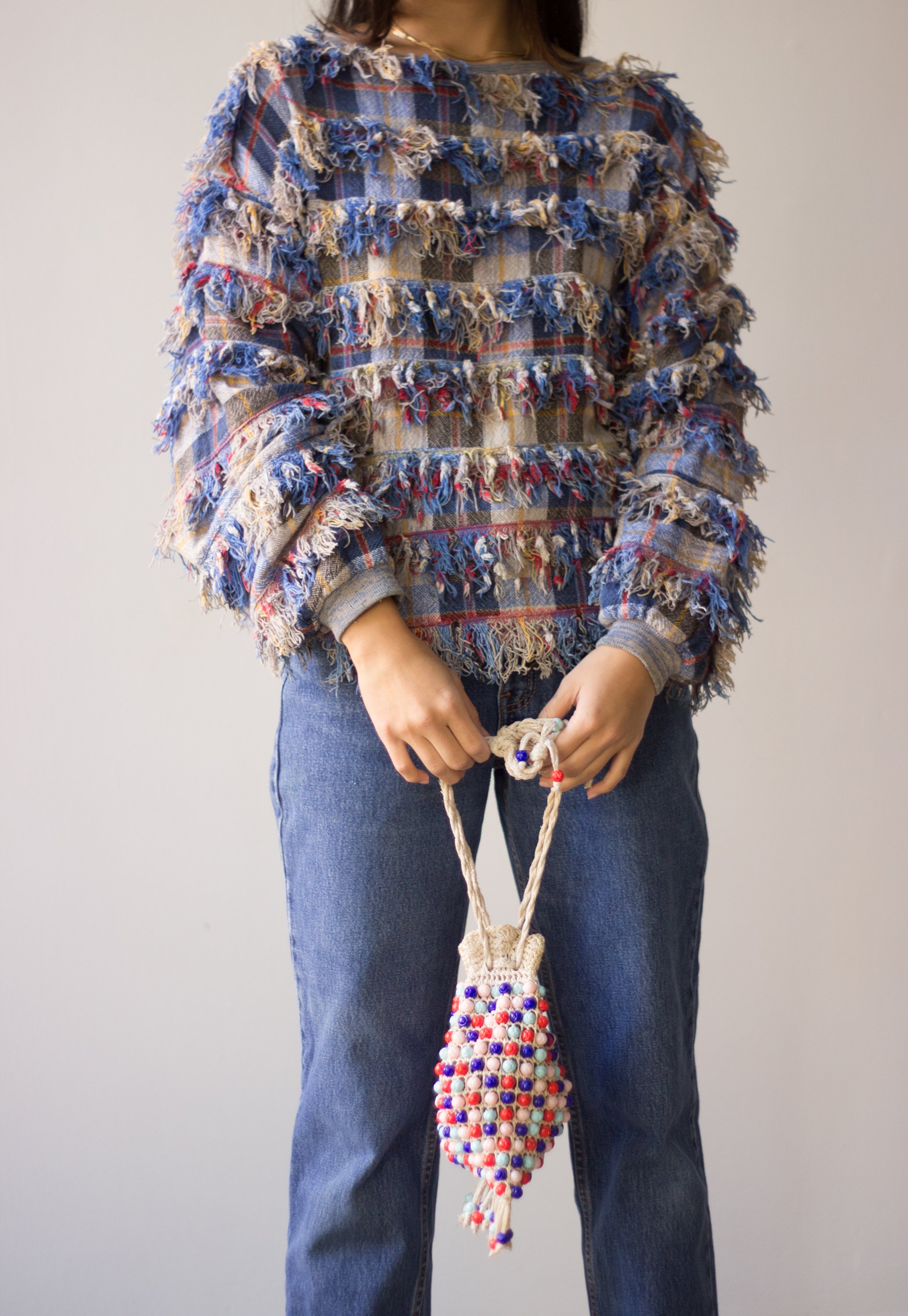 1980s Paula Sweet Muslin Mink Fringed Woven Pullover