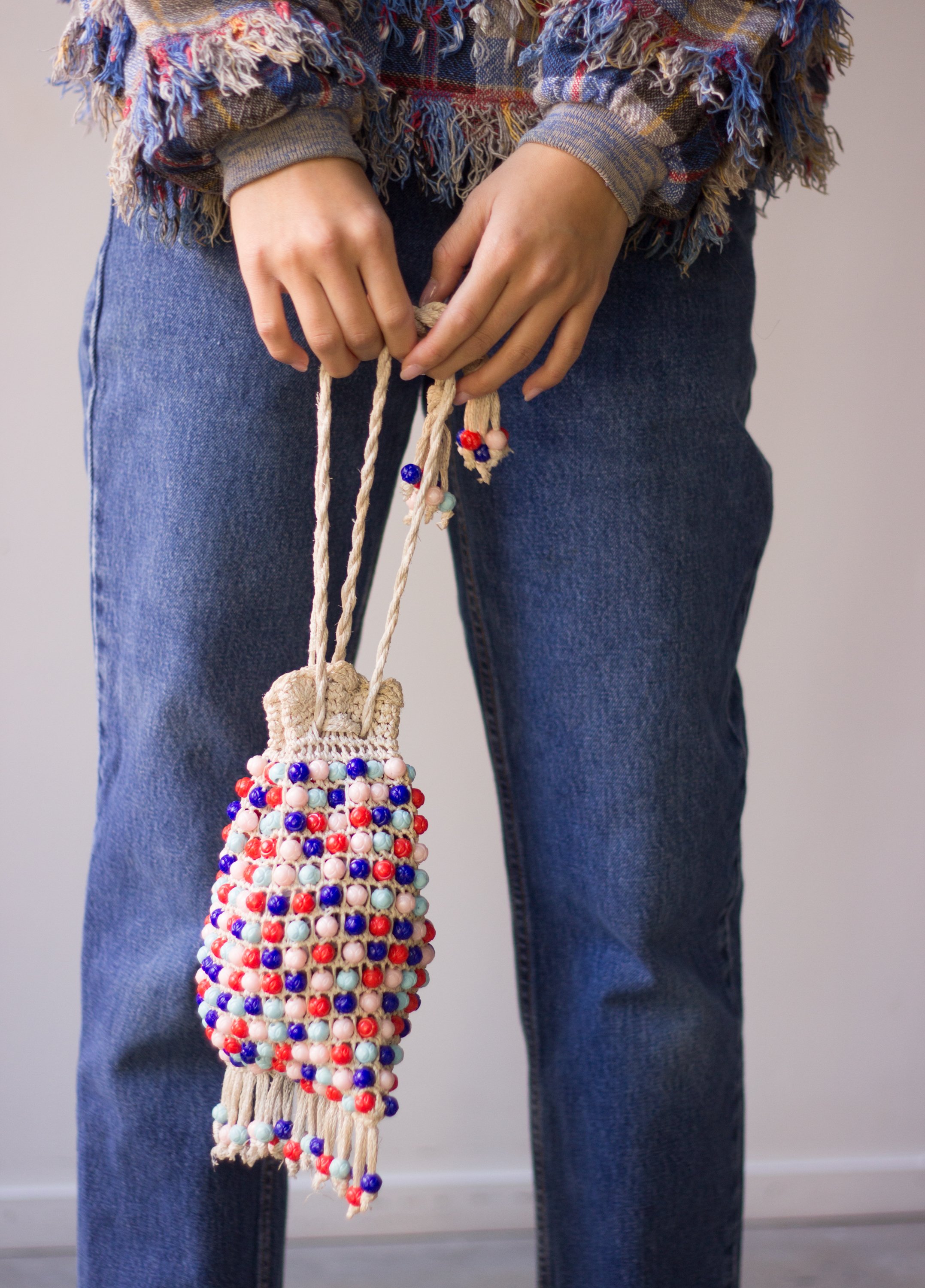 1940s Colorful Crocheted and Beaded Drawstring Bag