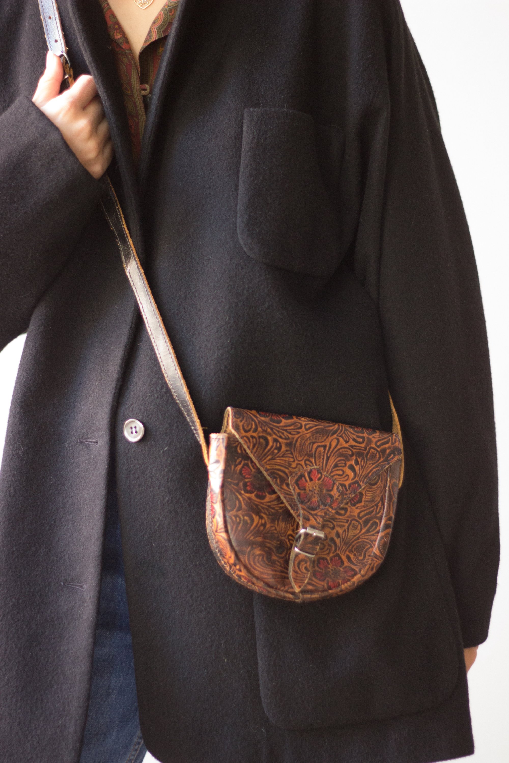 1970s Tooled Leather Mini Crossbody Bag