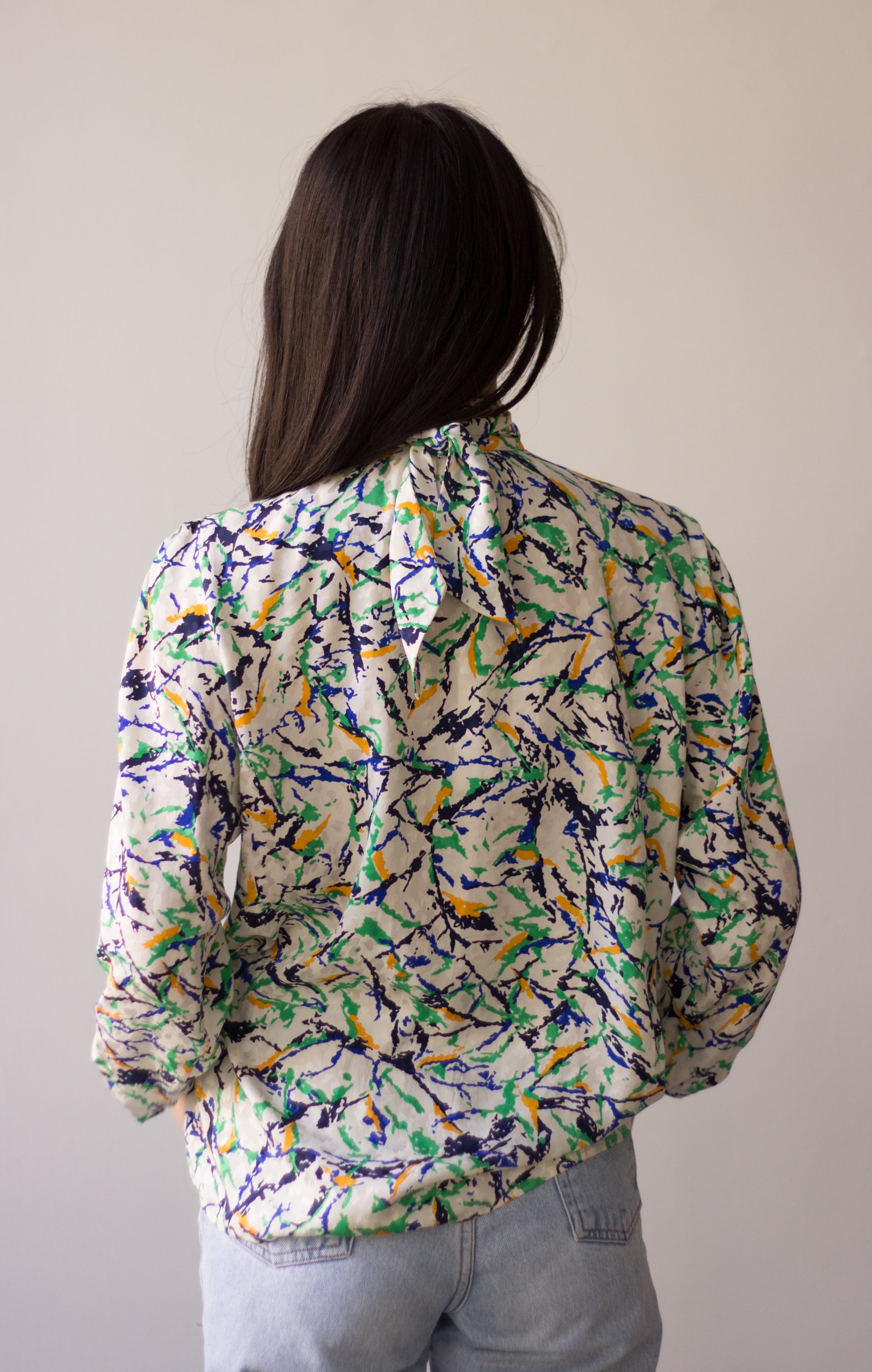 1980s Nina Ricci Silk Painterly Print Blouse