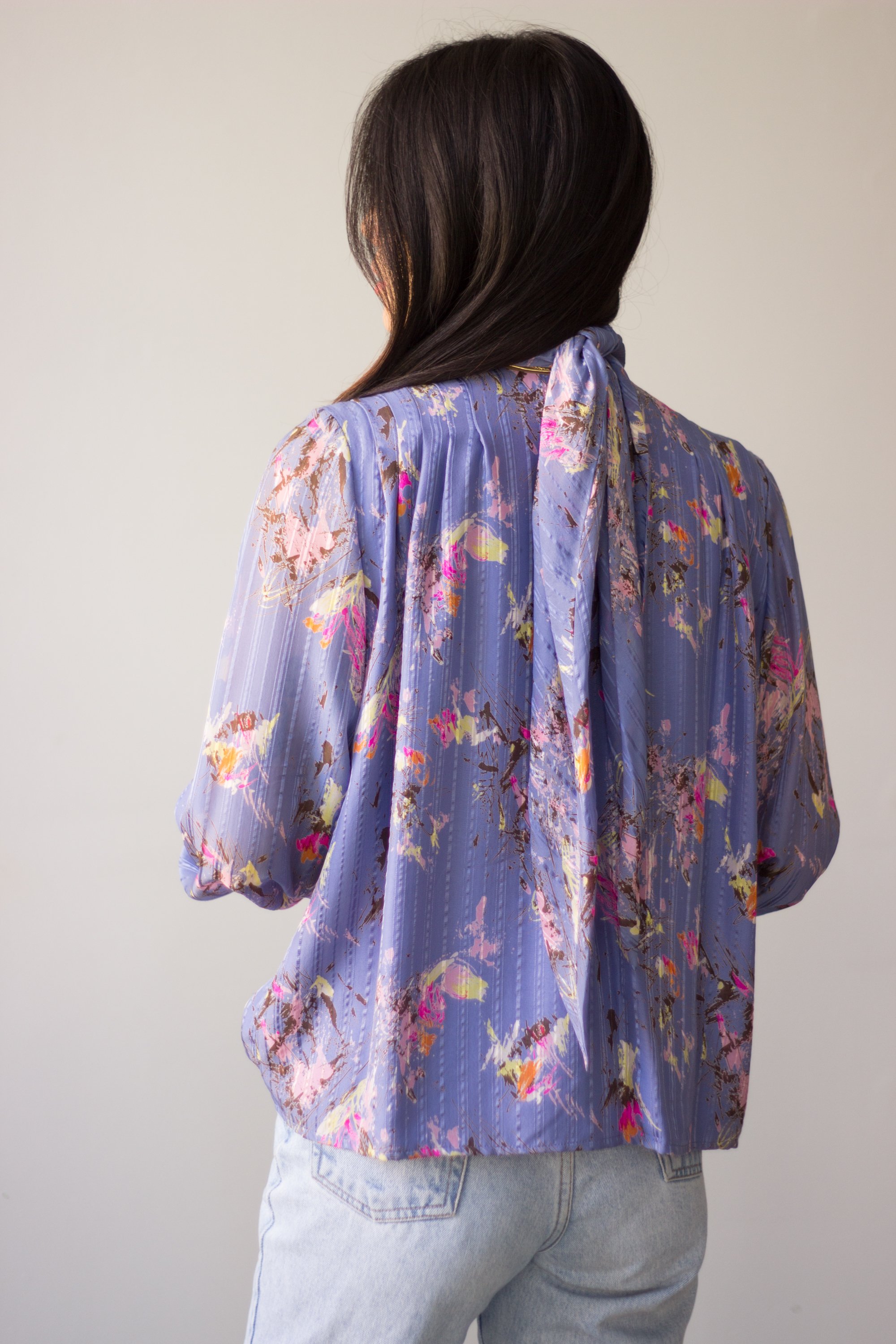 1980s Lilac Painterly Print Silk Blouse
