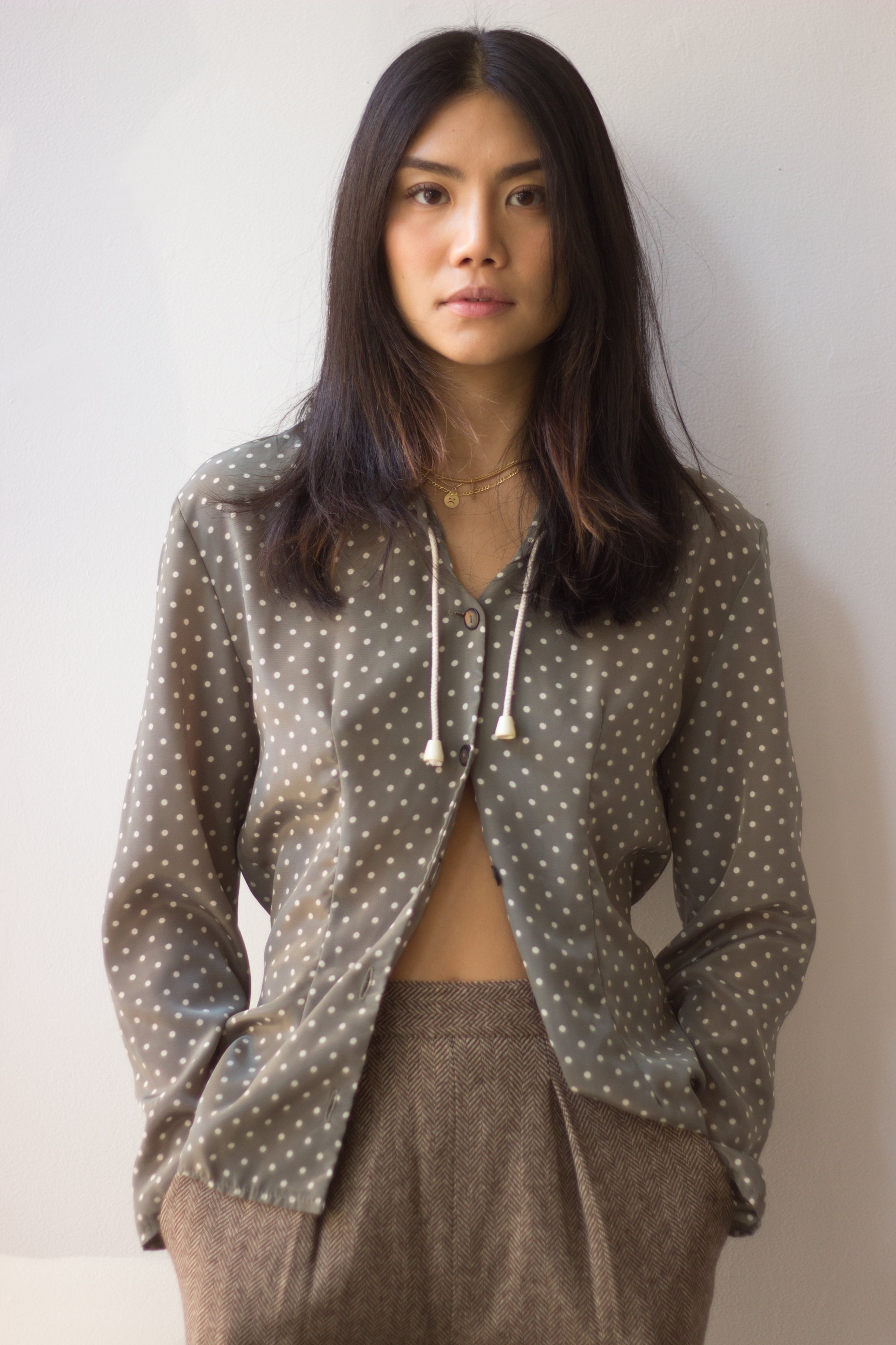 1980s Gray Polka Dot Hooded Blouse