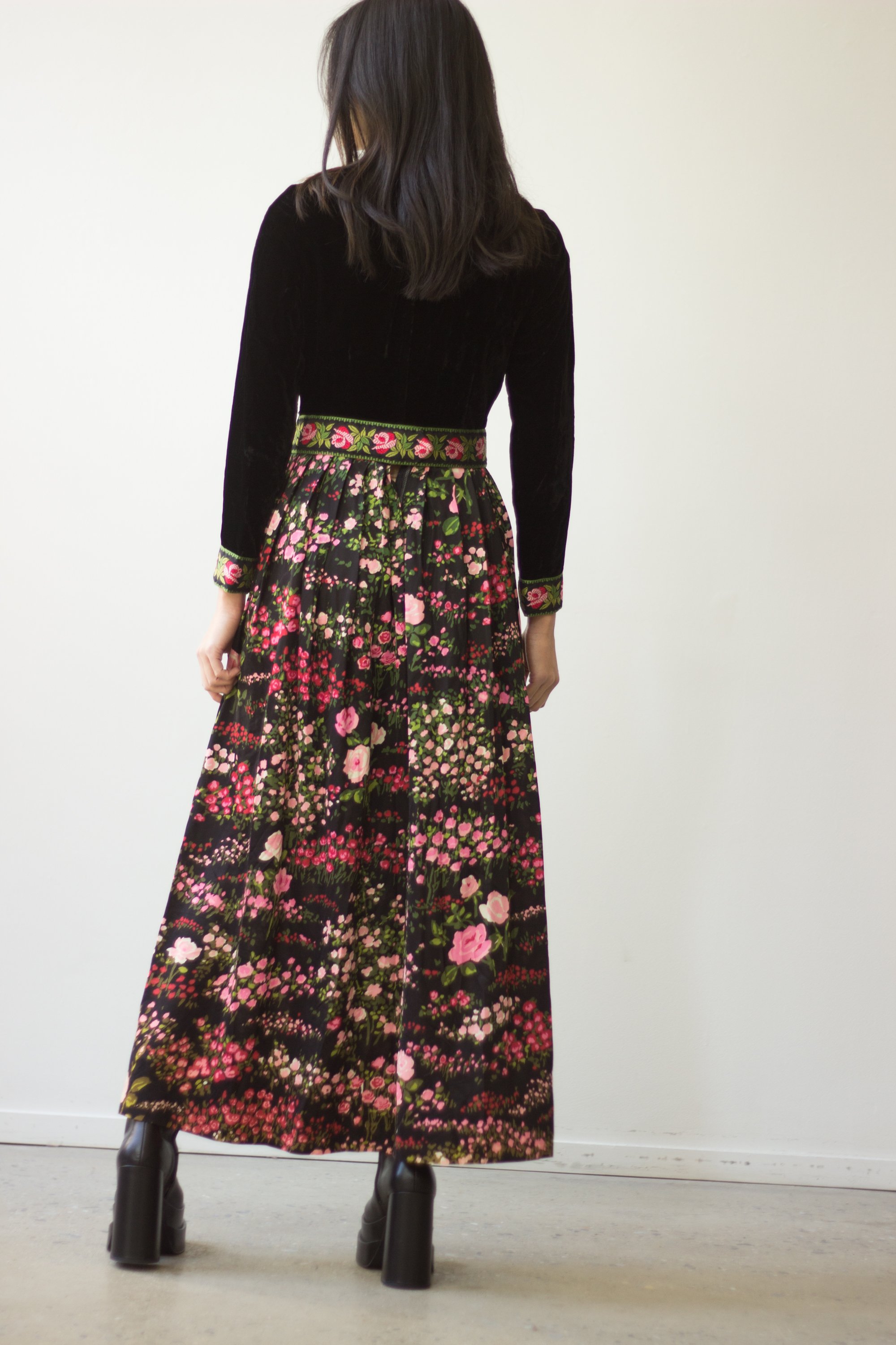1970s Velvet and Satin Rose Print Maxi Dress