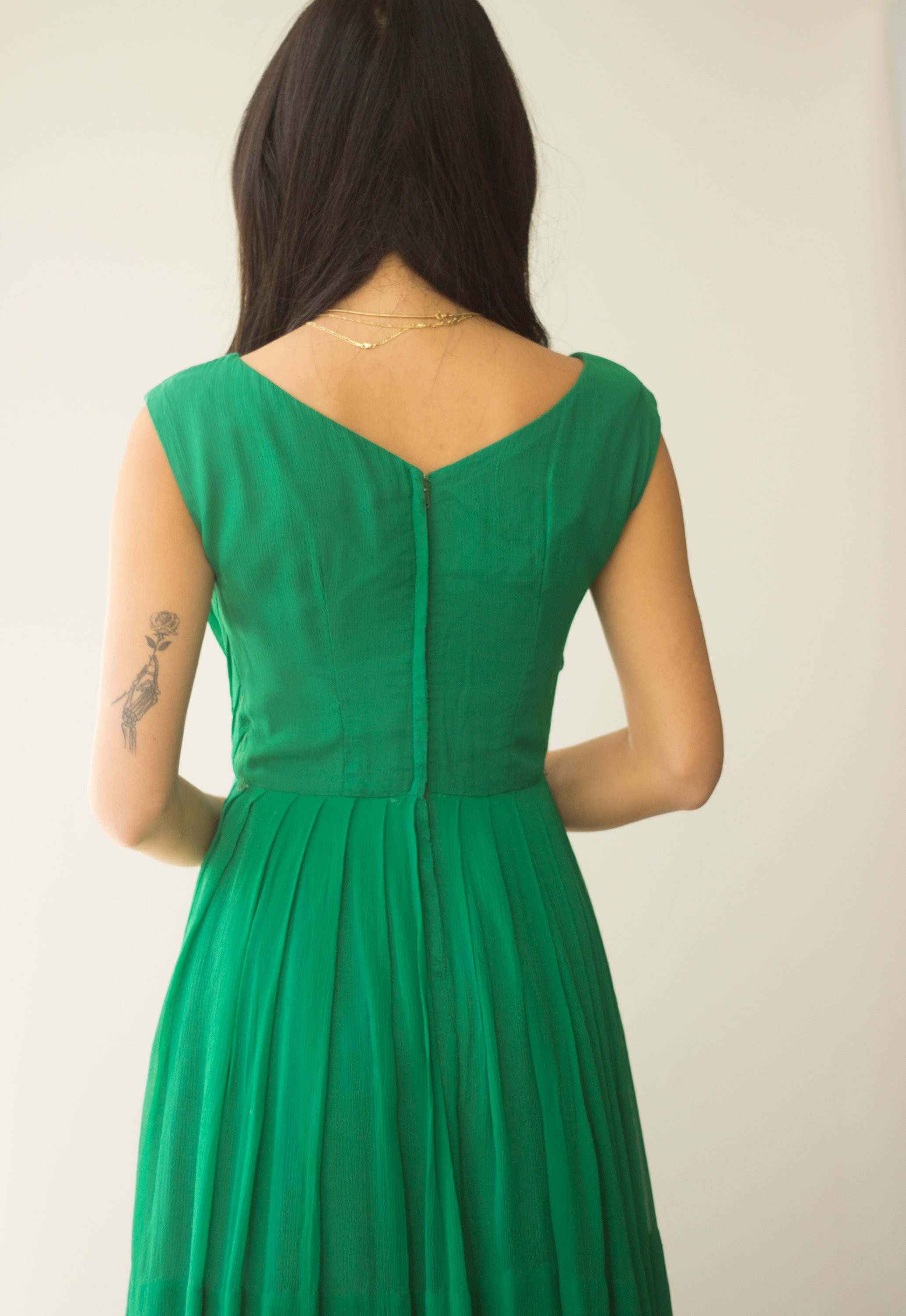 1960s Kelly Green Silk Georgette Pleated Cocktail Dress