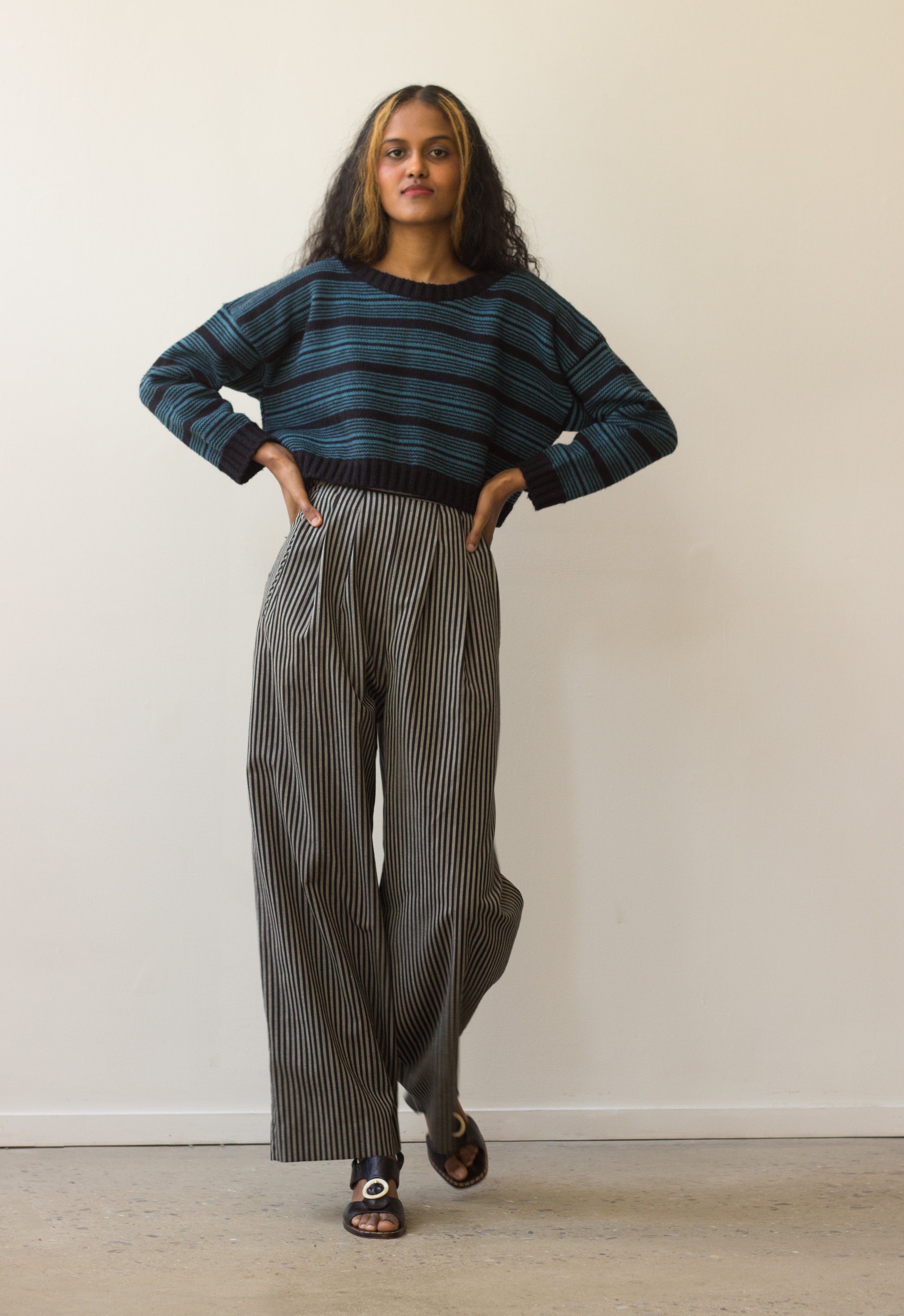 1980s Cathy Hardwick Striped Wool Wide Leg Trousers — Wayward 