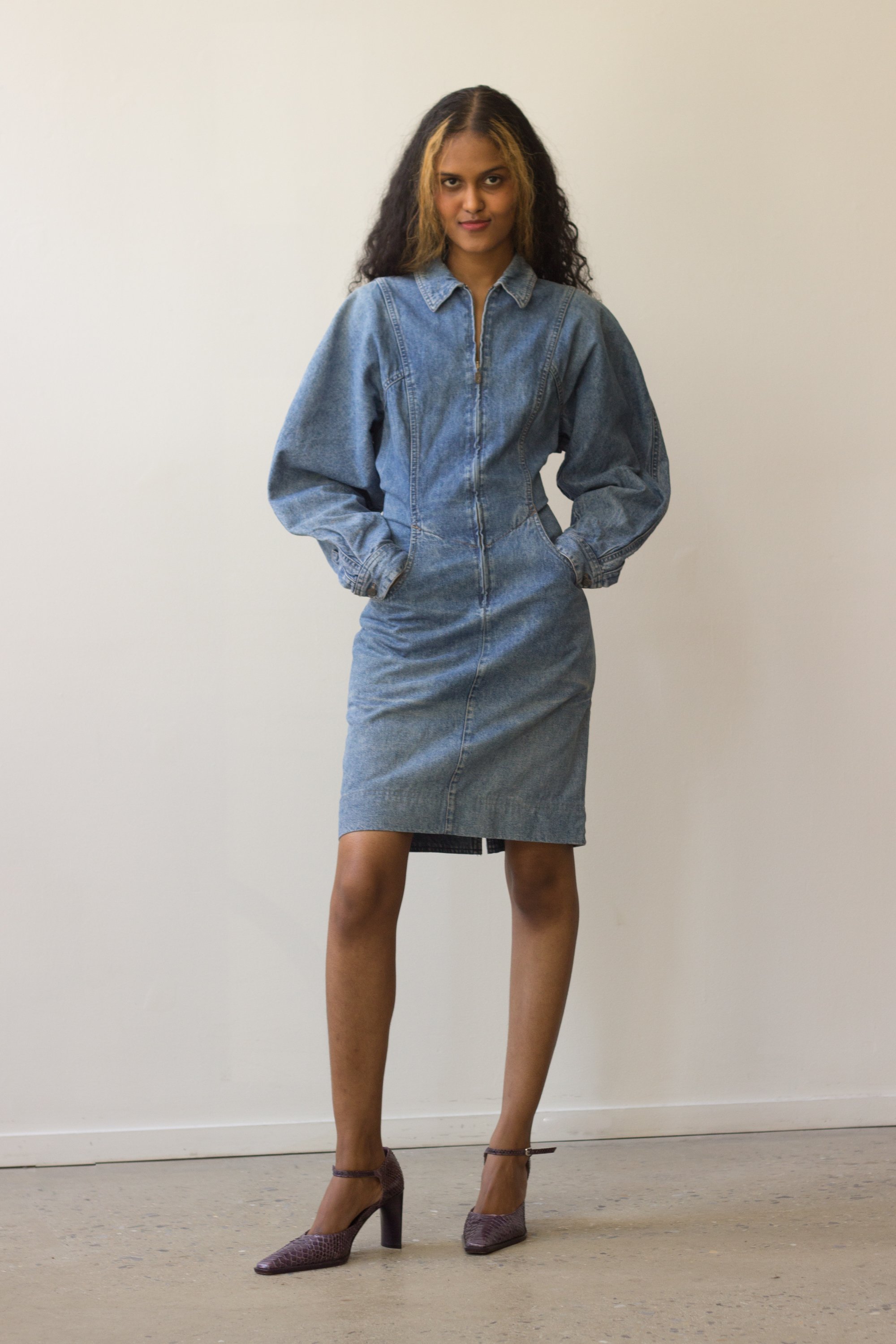 1980s denim dress Vintage Asymmetrical Zip Front Acid Wash Denim Dress by Champagne, Circa 1980s portmanteau new york