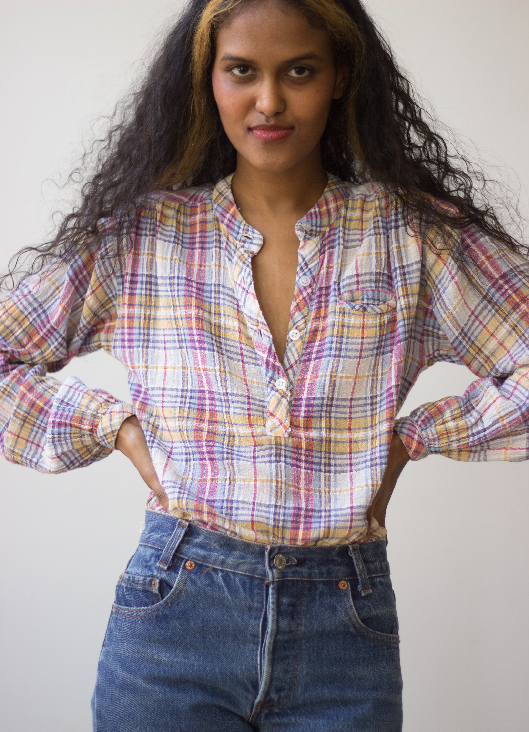 1970s Plaid Indian Cotton Popover Shirt