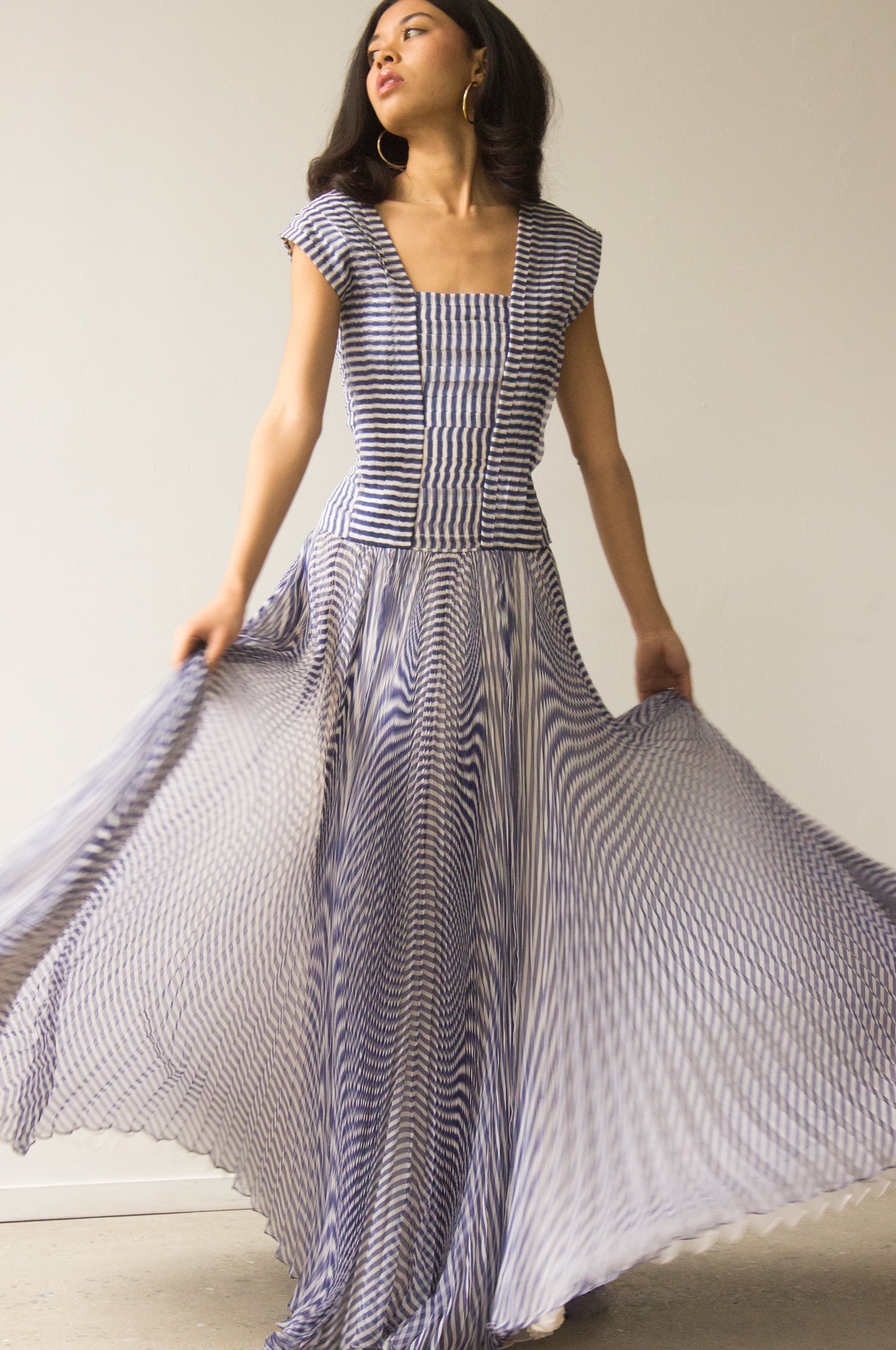 ACA 1980s Tan Giudicelli Silk Striped Optical Illusion Gown