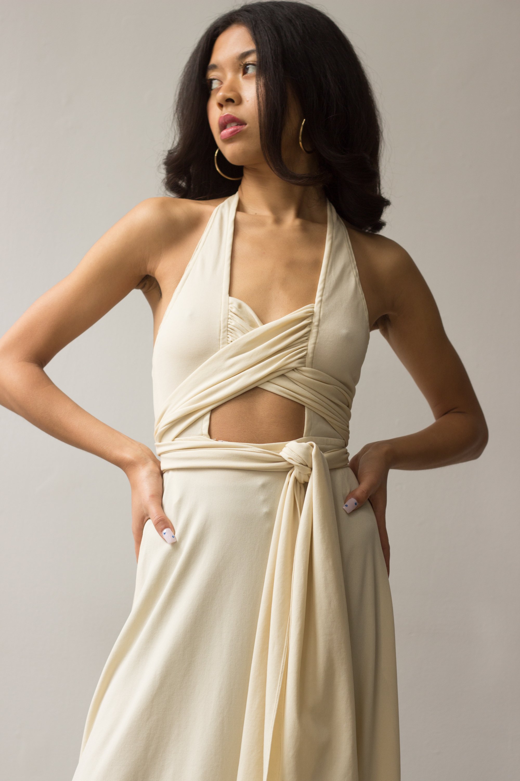 ACA 1970s Creme Jersey Body Con Wrap Around Gown