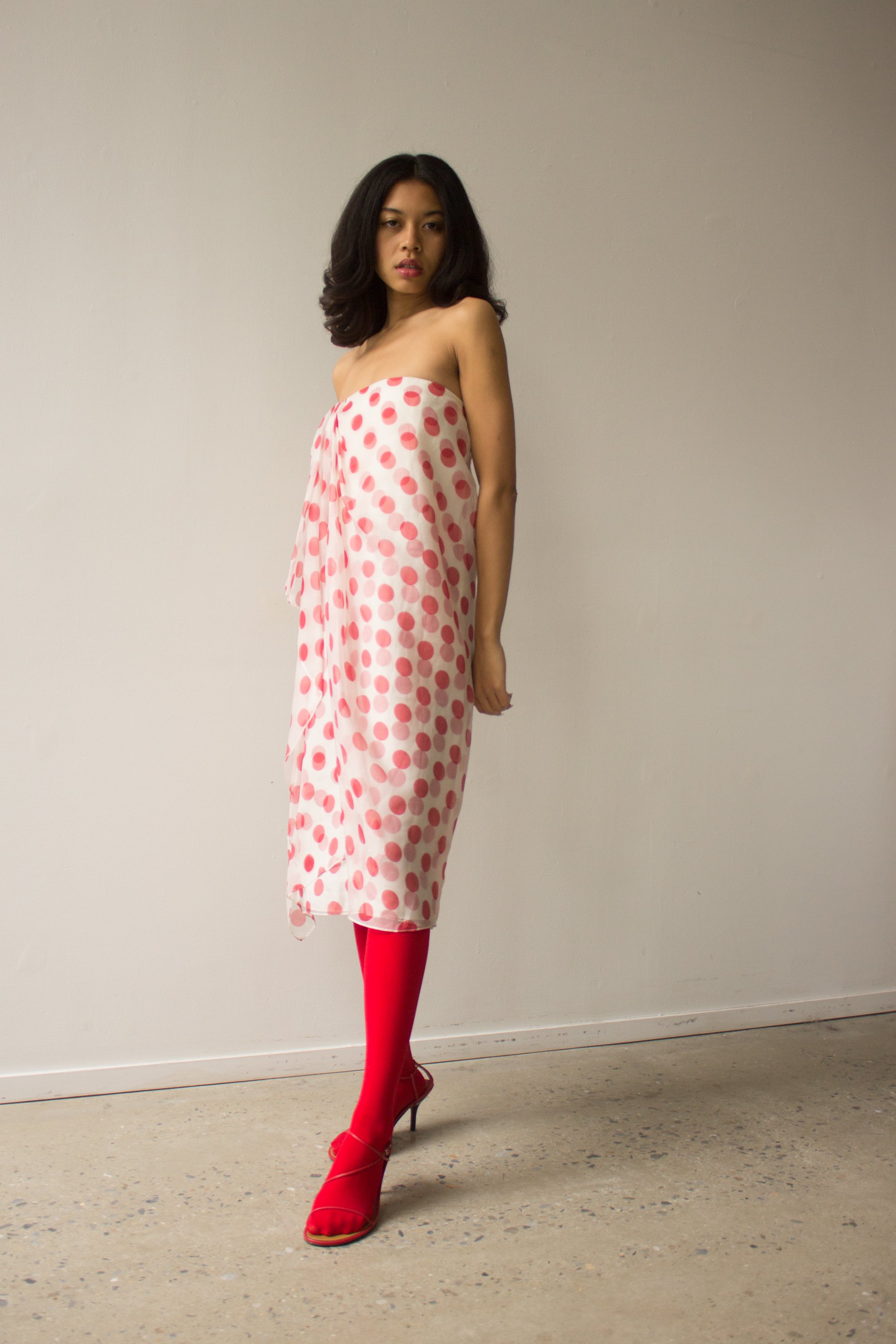 ACA 1970s Silk Organza Polka Dot Strapless Dress