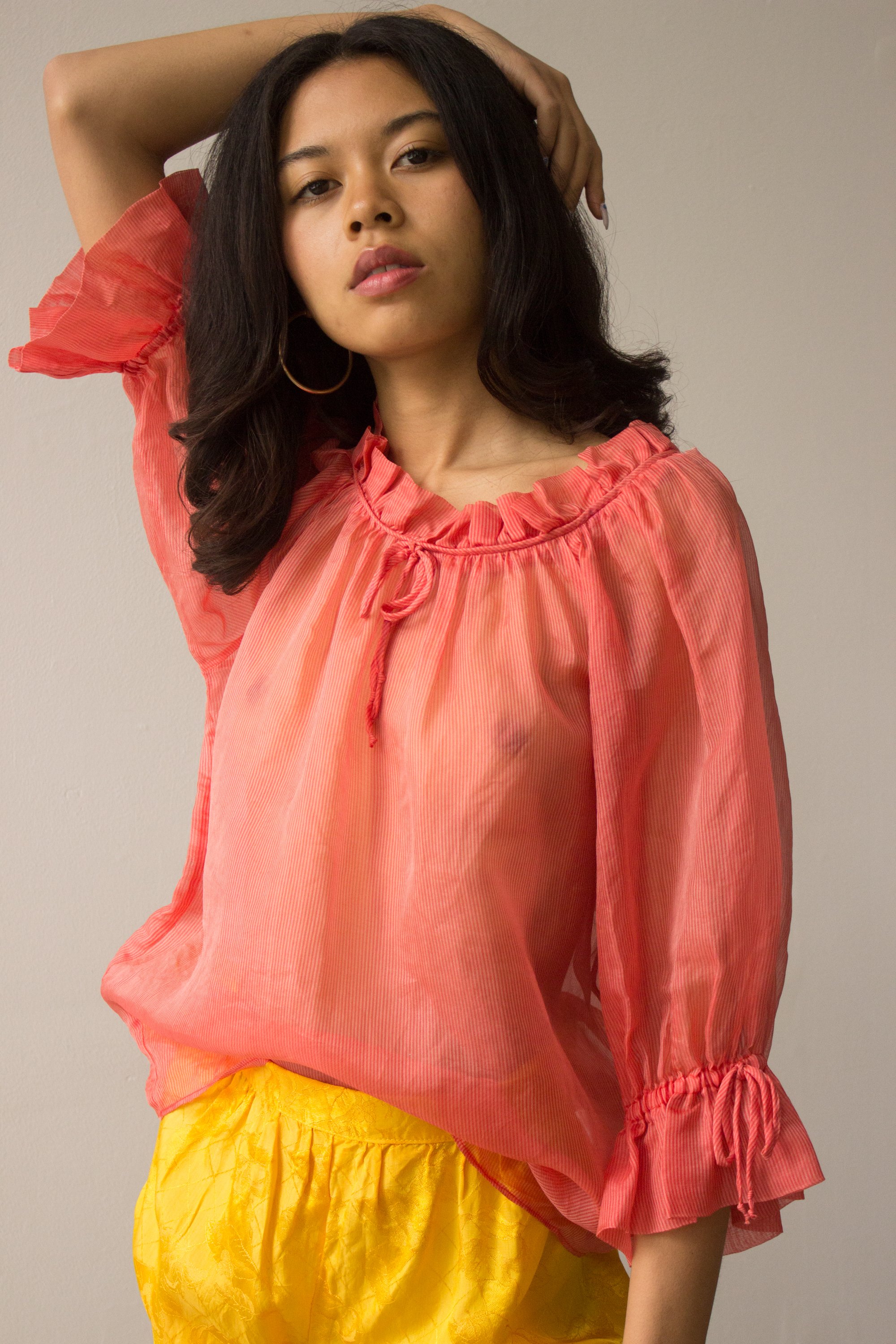 ACA 1980s Silk Organza Ruffled Peasant Blouse
