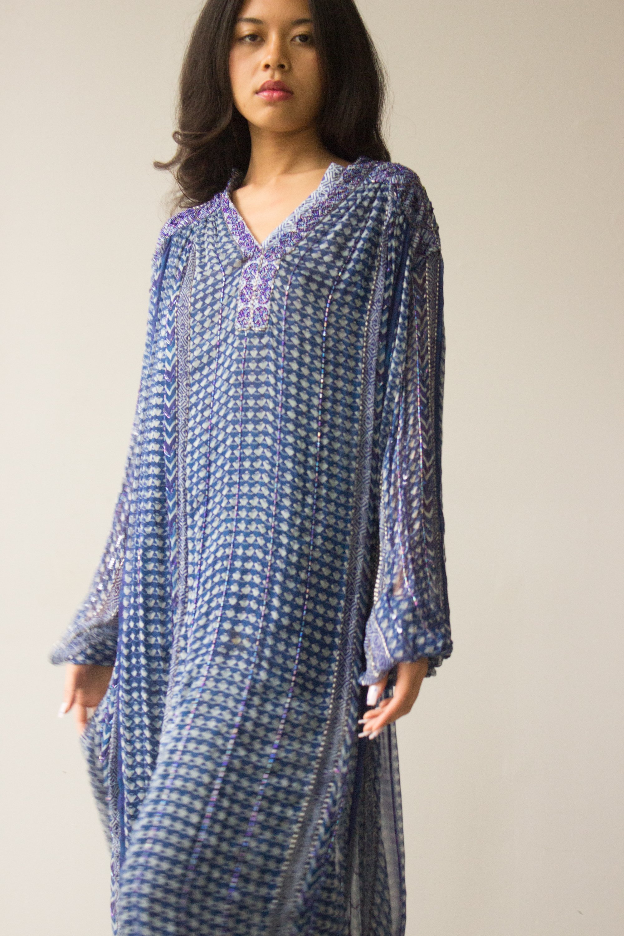 ACA 1970s Judith Ann Beaded Silk Chiffon Kaftan