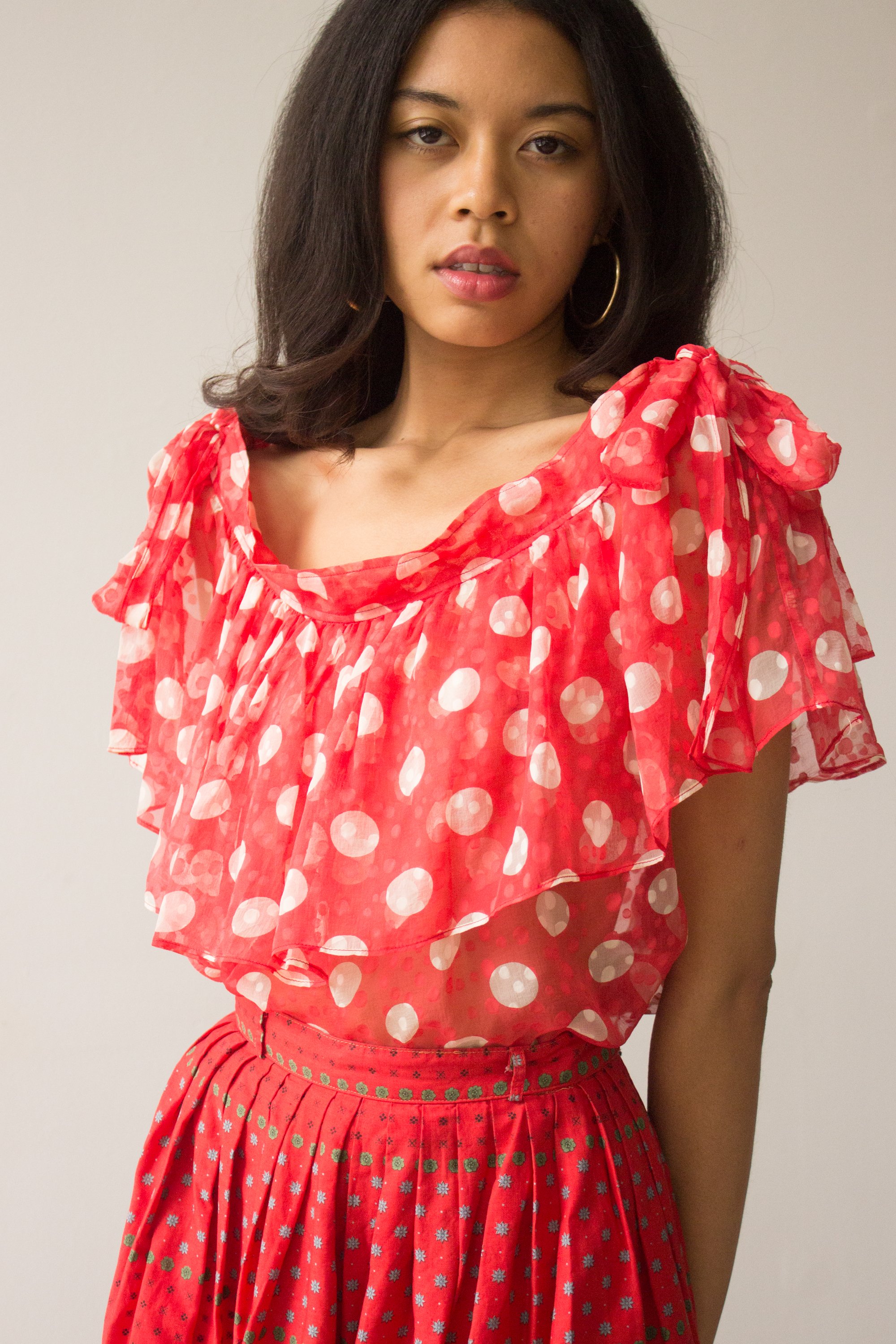 ACA 1970s Yves Saint Laurent Silk Chiffon Polka Dot Peasant Top