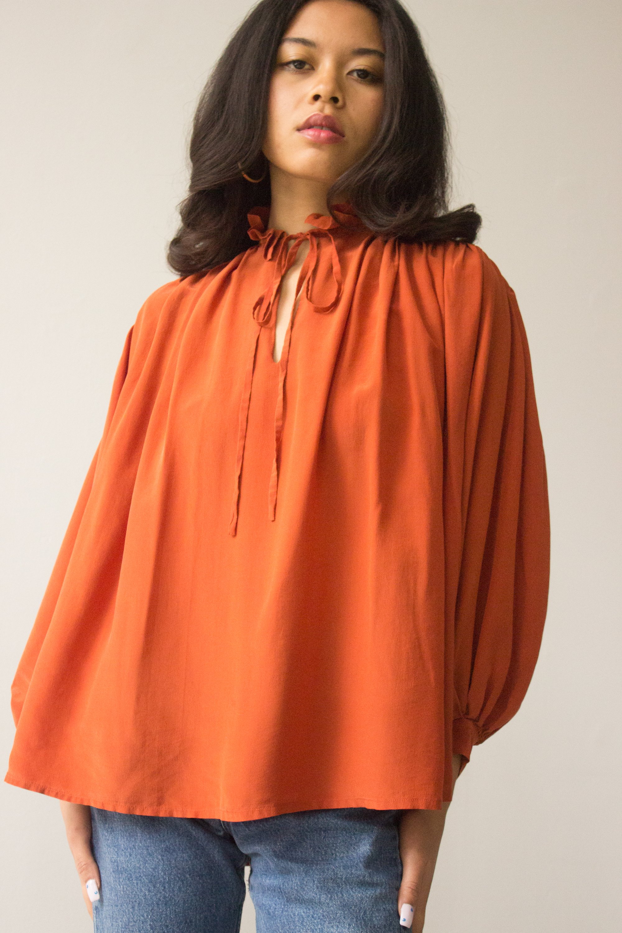 ACA 1970s Burnt Orange Silk Peasant Top