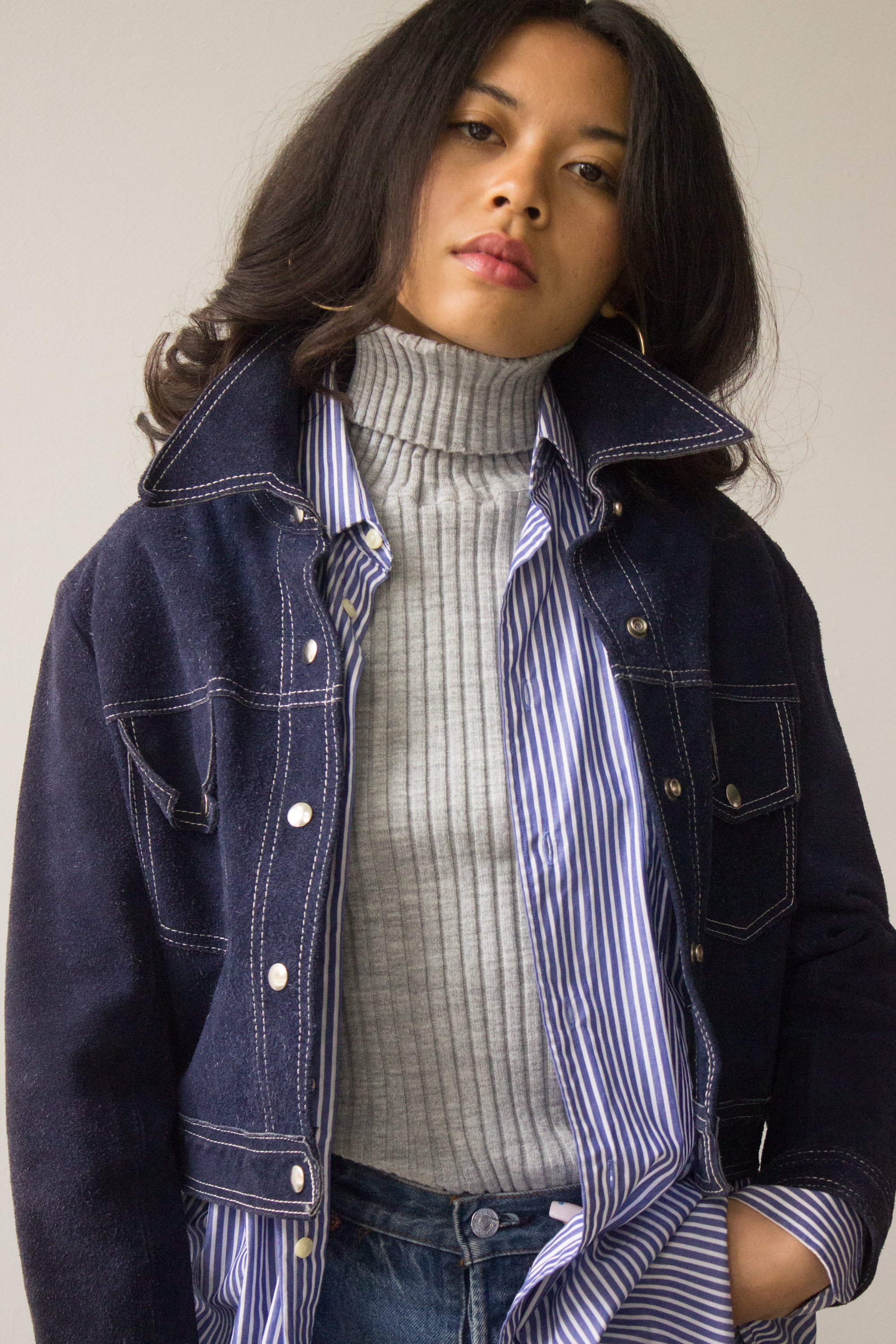 1970s Navy Blue Suede Cropped Jacket