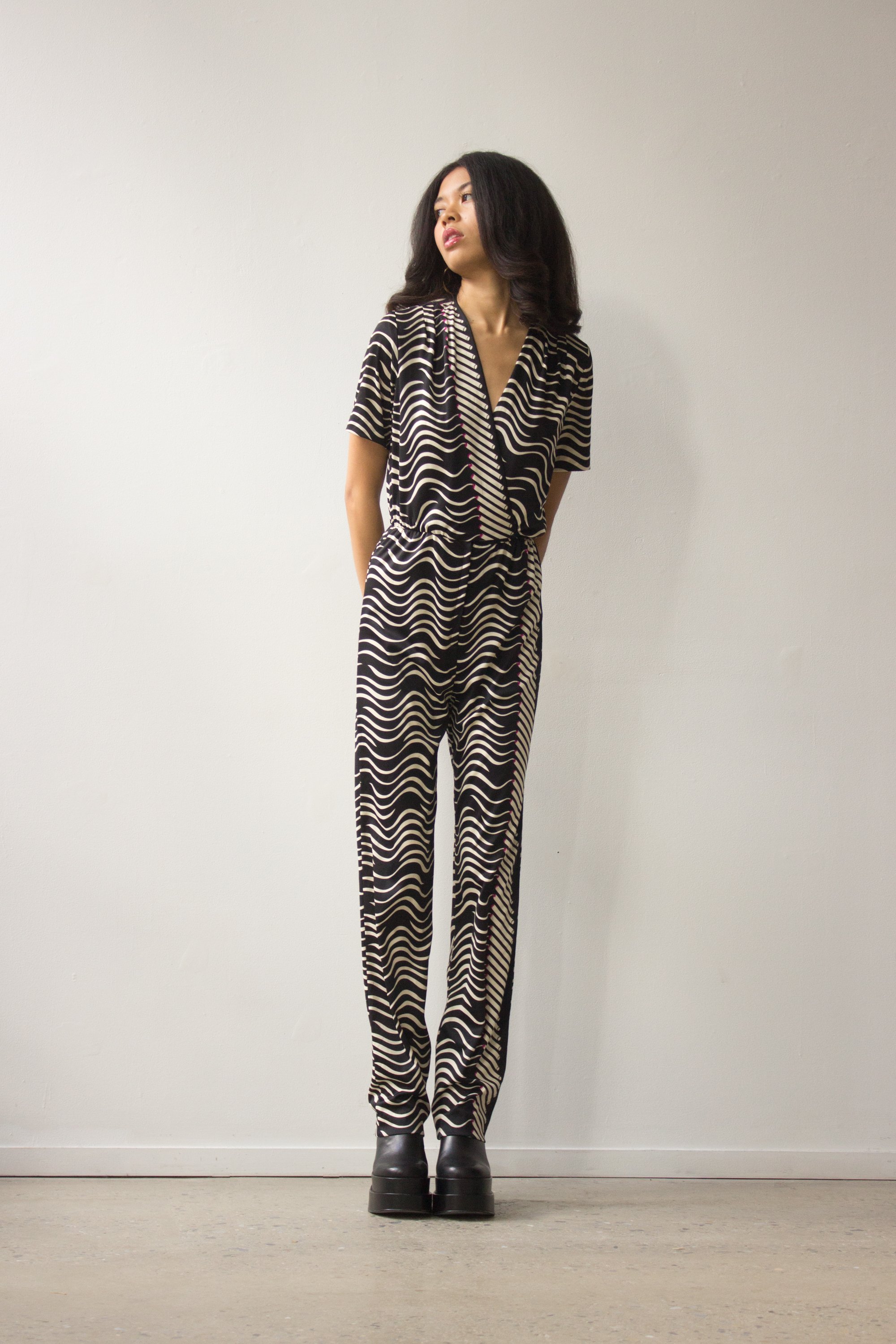 ACA Rare 1970s Cigarette Print Jersey Jumpsuit