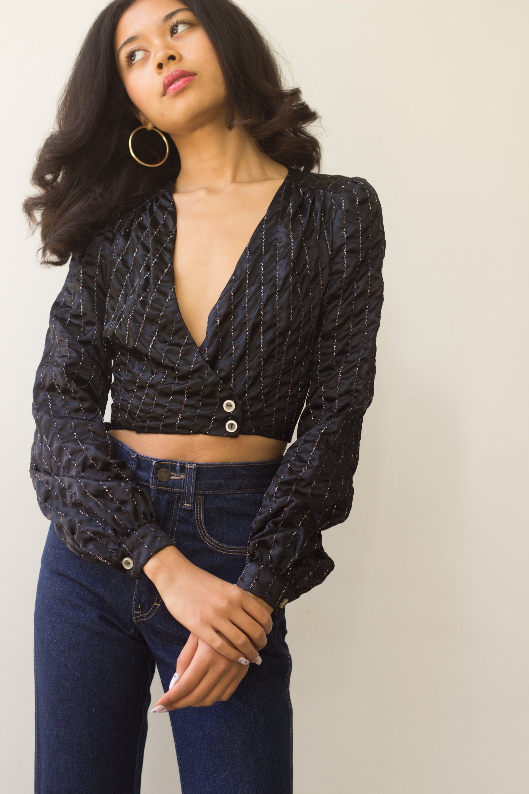 1970s "The London Mob" Satin Glitter Pinstripe Crop Top