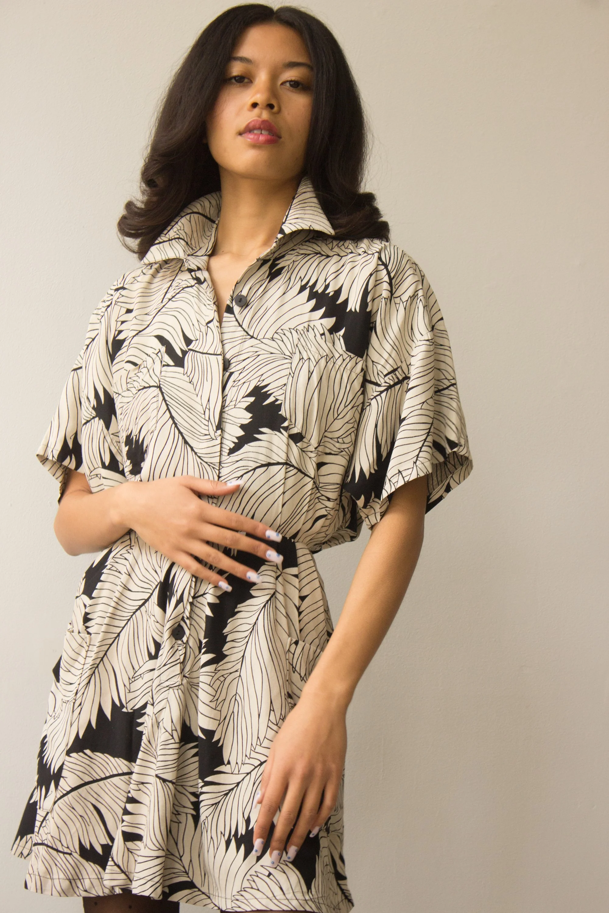 1980s shirt dress ACA 1980s Norma Kamali Palm Leaf Print Mini Dress — Wayward Collection