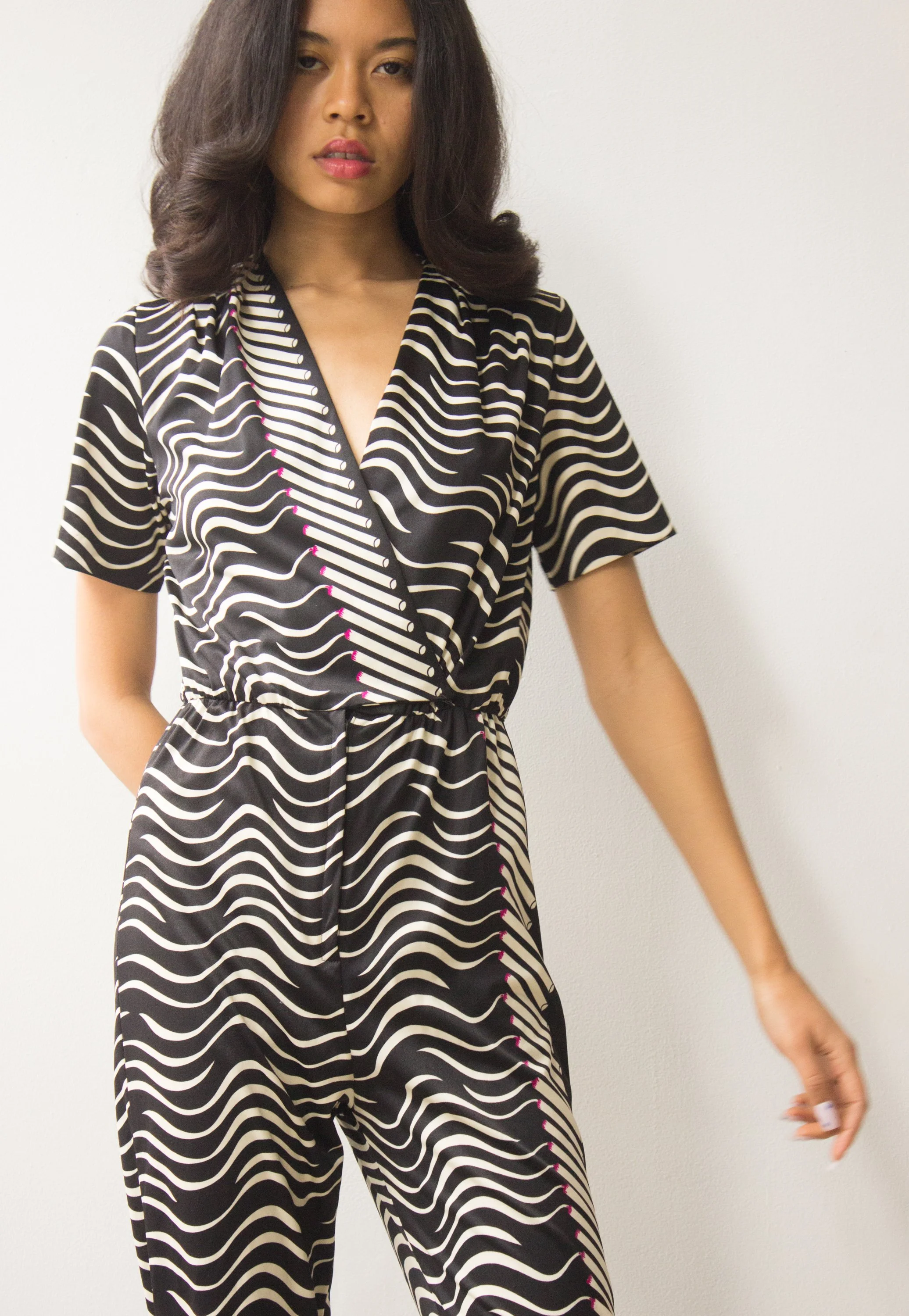 cigarette jumpsuit ACA Rare 1970s Cigarette Print Jersey Jumpsuit — Wayward Collection