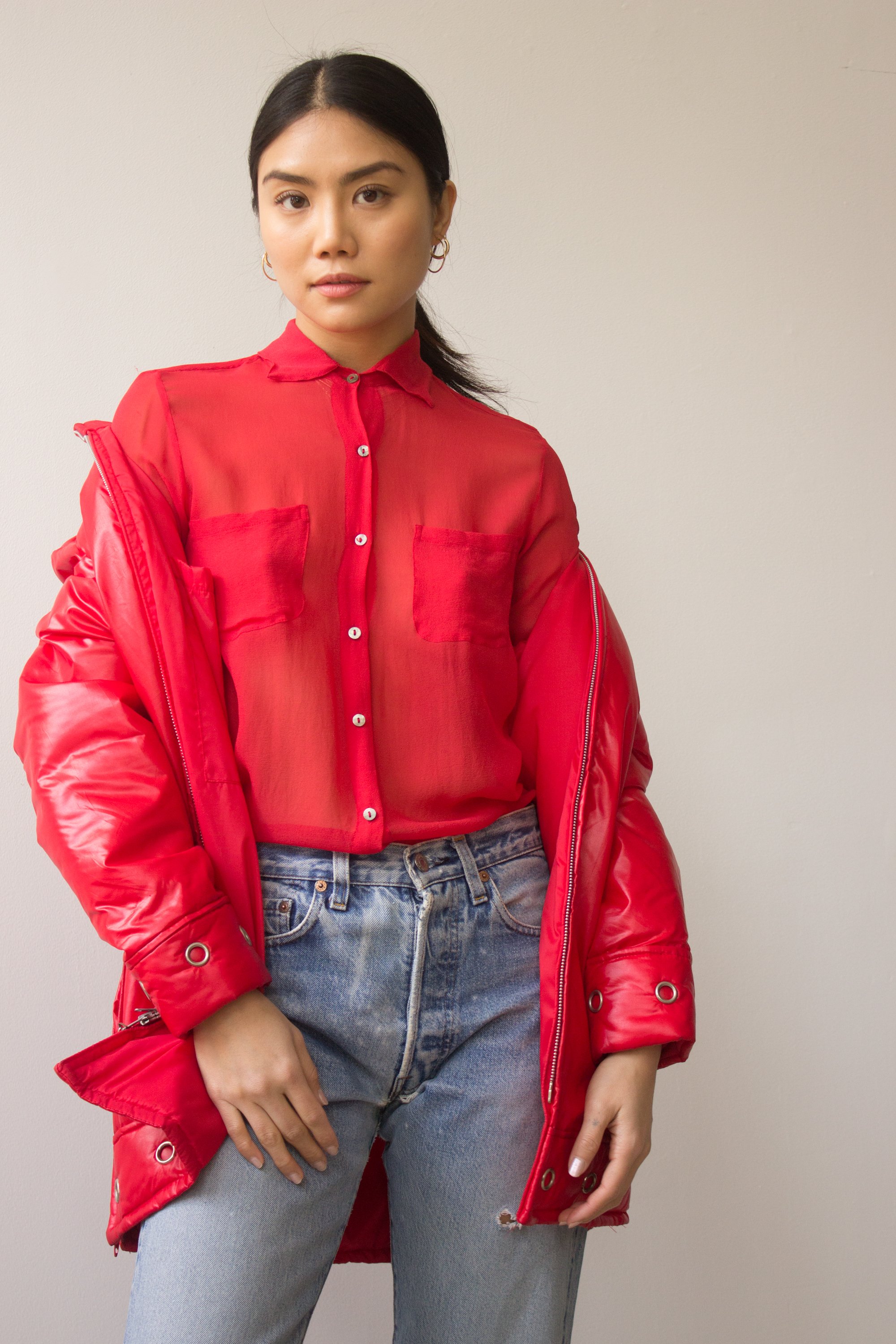 1990s Red Sheer Silk Chiffon Blouse