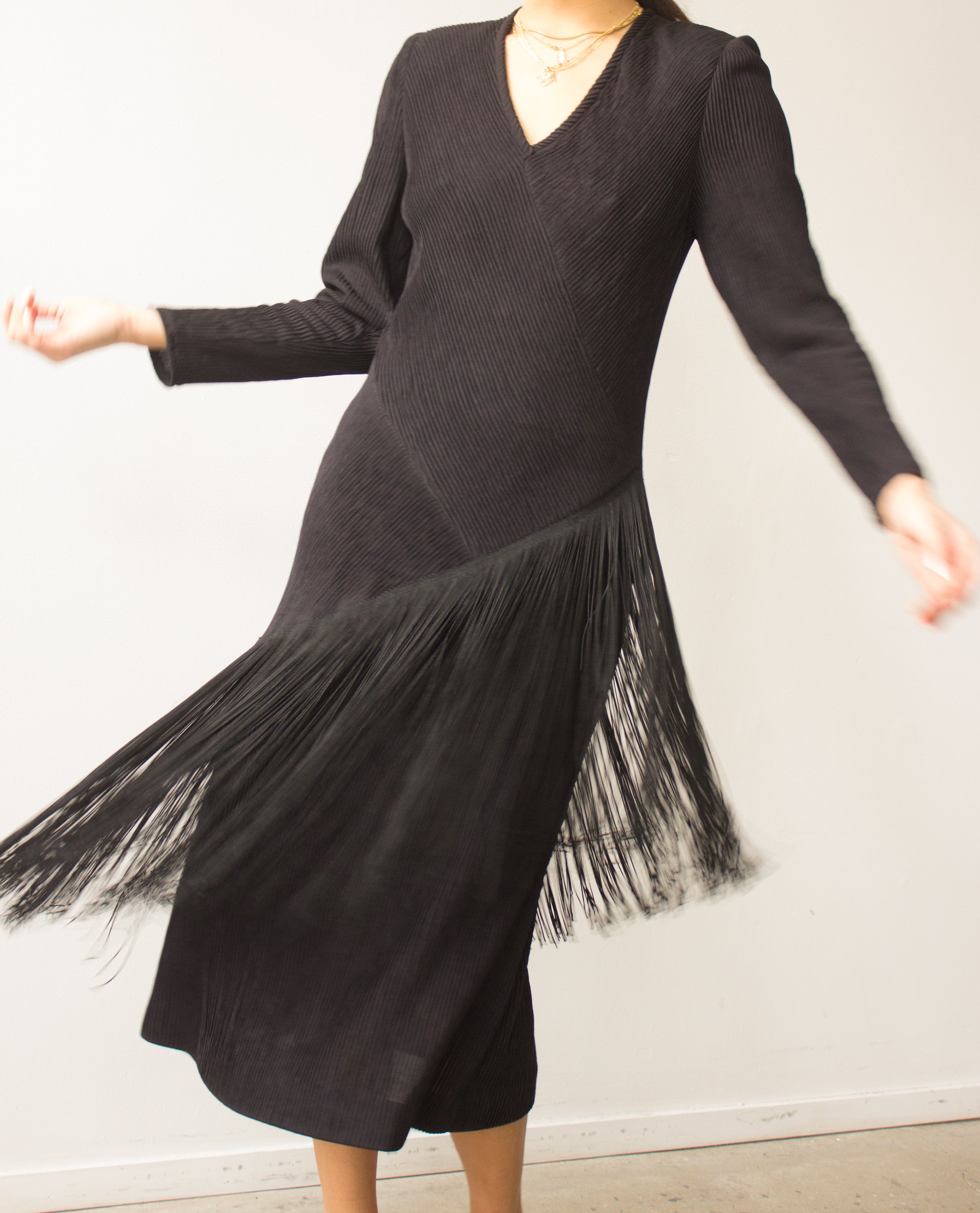 1980s Black Fringed Dress