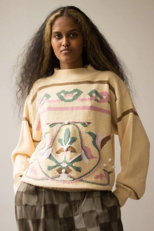 1980s Lacoste Creme Folkloric Motif Pullover