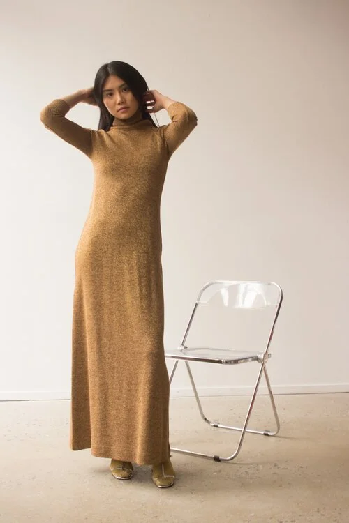 1970s Gold Wool and Lurex Knit Maxi Dress