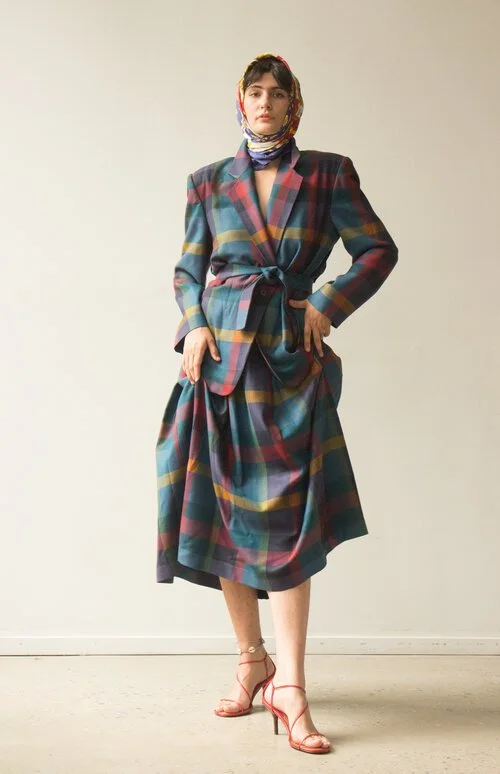 1980s Perry Ellis Plaid Wool Belted Skirt Suit