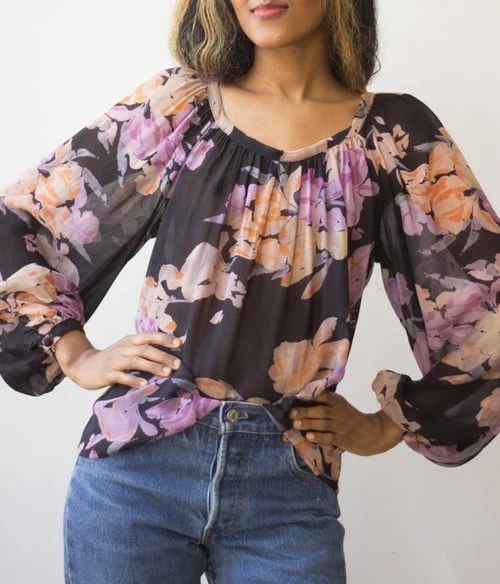 1970s Adini Watercolor Chiffon Floral Blouse