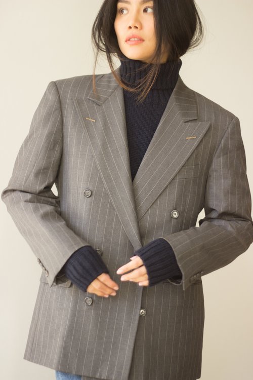 1980s Hickey Freeman Gray Pinstripe Double Breasted Blazer